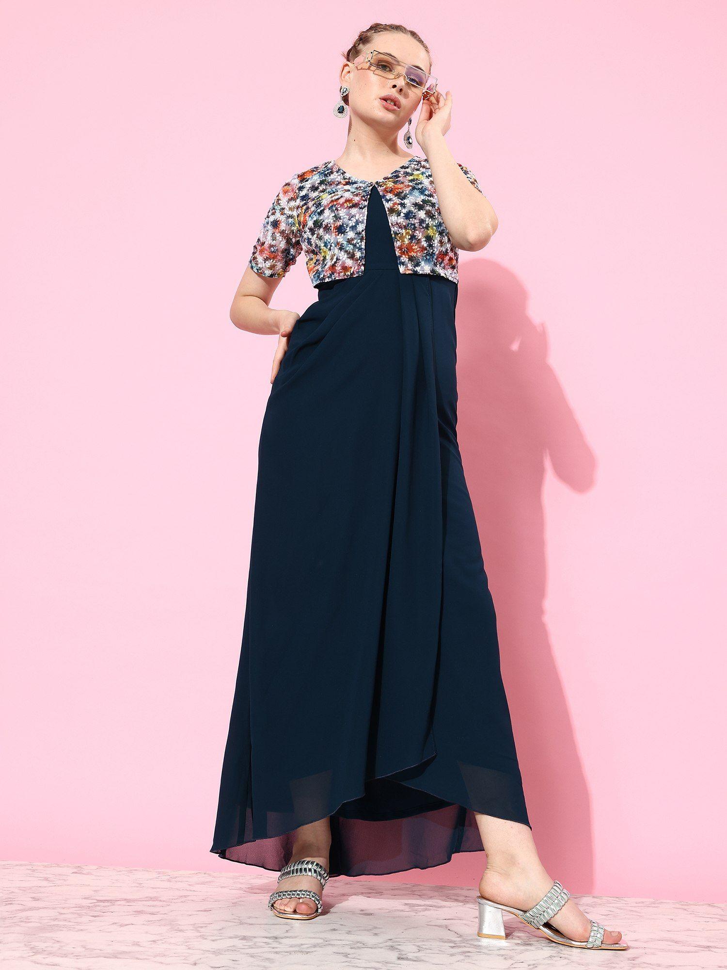 women multi-coloured v-neck half sleeve embroidered layered georgette maxi dress