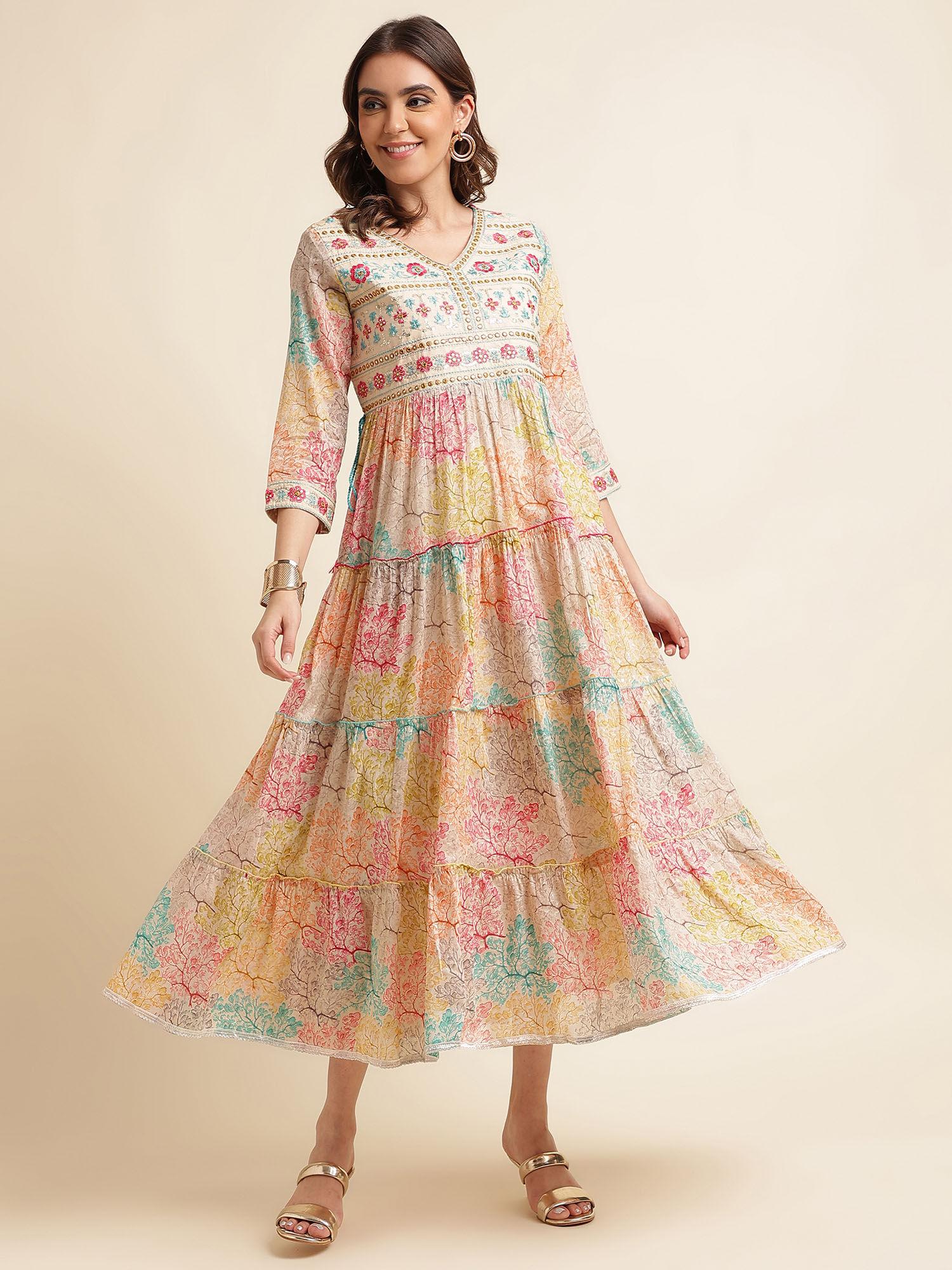 women multi embroidered v-neck kurta dress