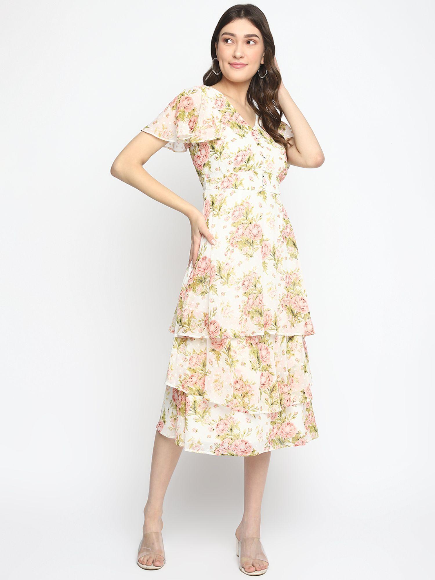 women multi floral half sleeve midi dress with ruffles