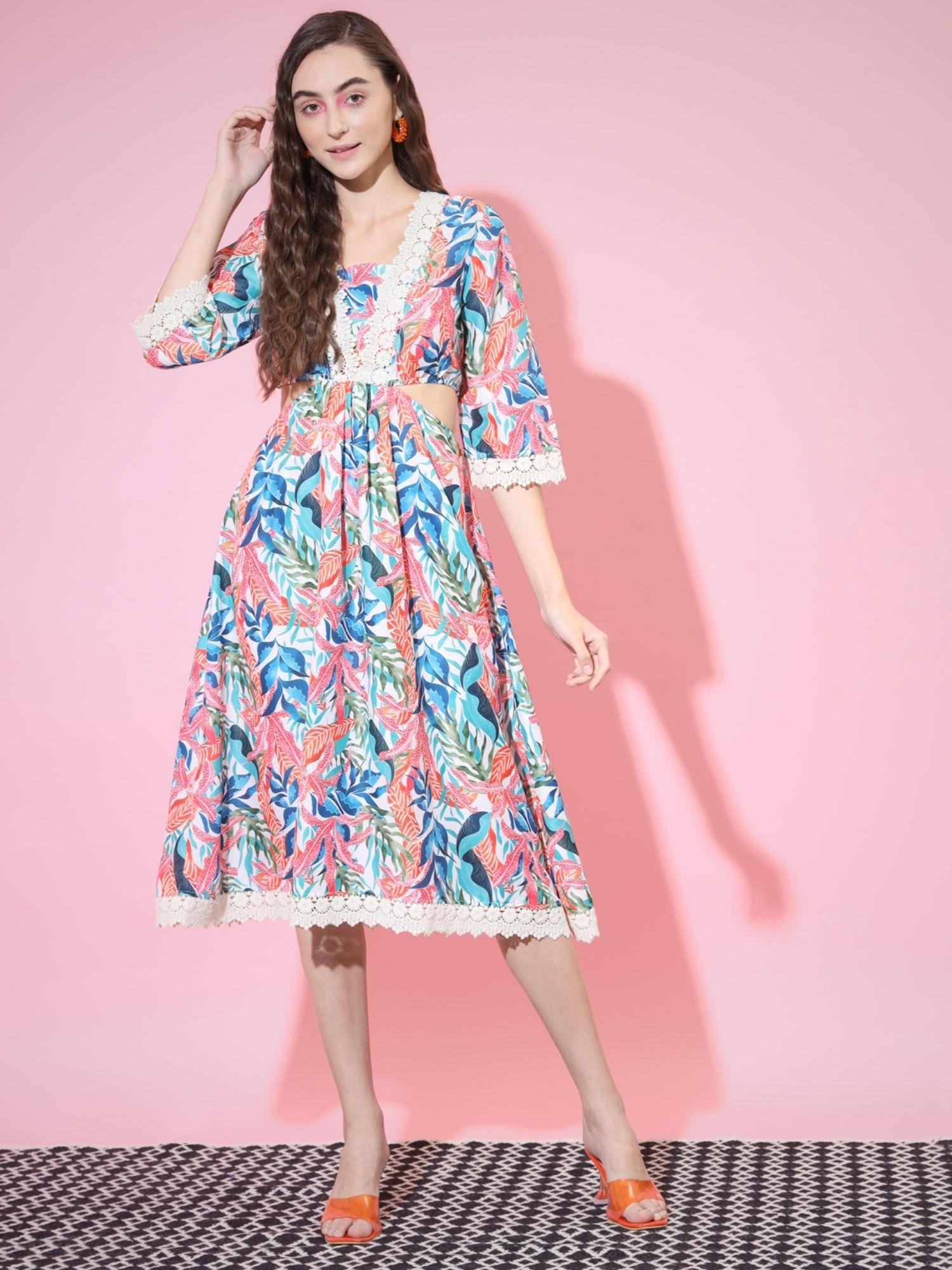 women multi floral printed fit and flare dress