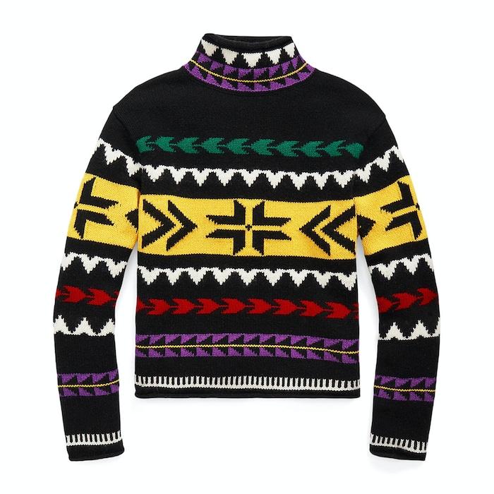 women multi geo-motif rolled-edge turtleneck sweater