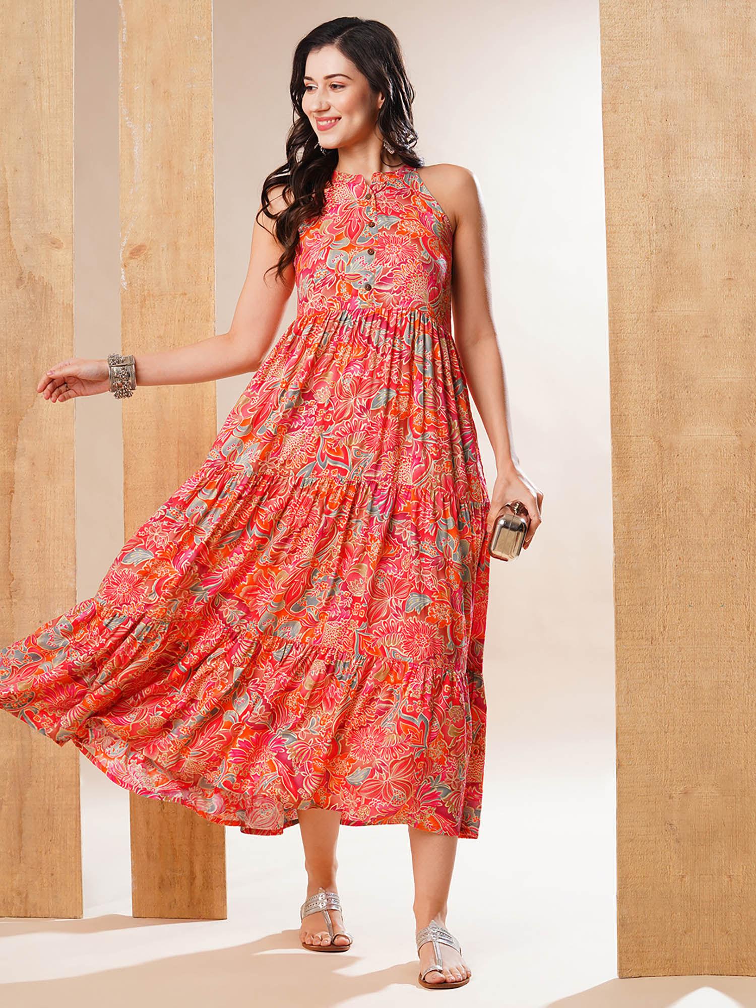 women multi mandarin collar allover floral print tiered fit & flare fusion maxi dress