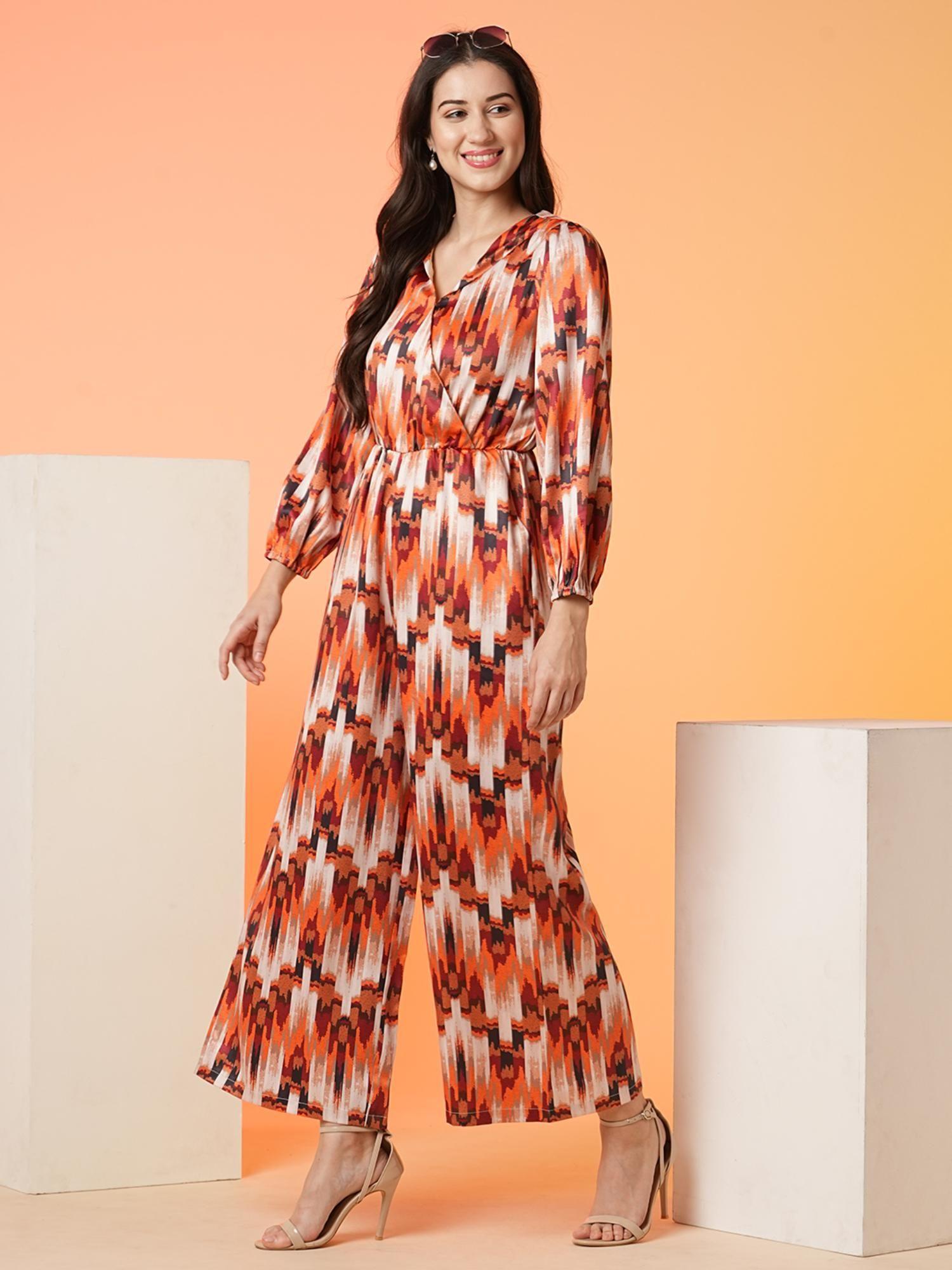 women multi orange v-neck printed party jumpsuit