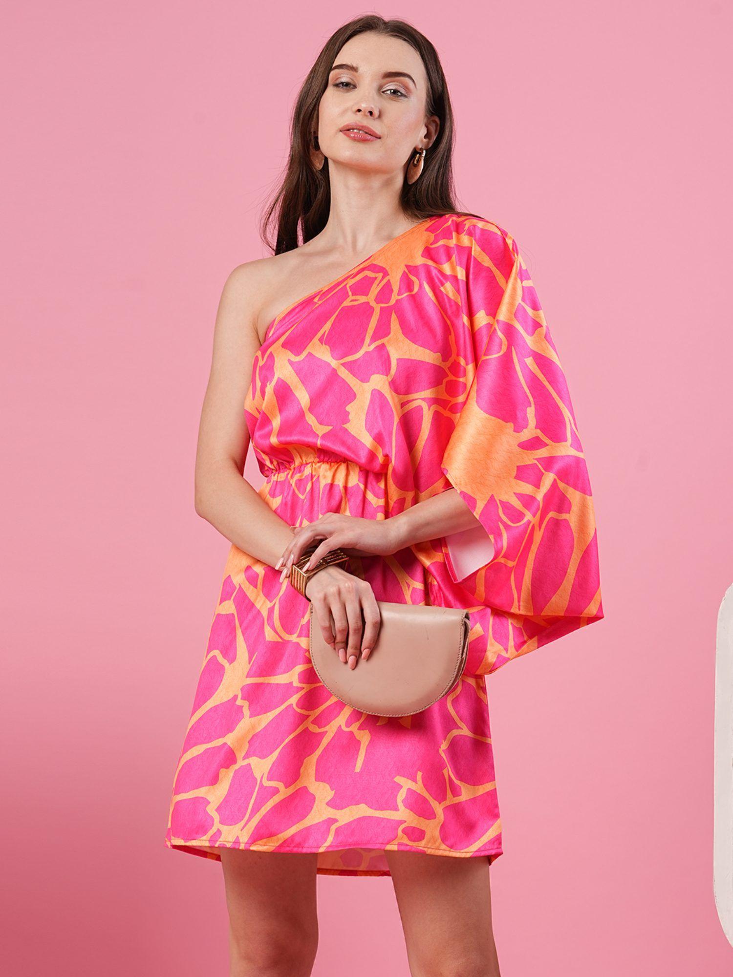 women multi pink batwing sleeves printed a-line mini party dress