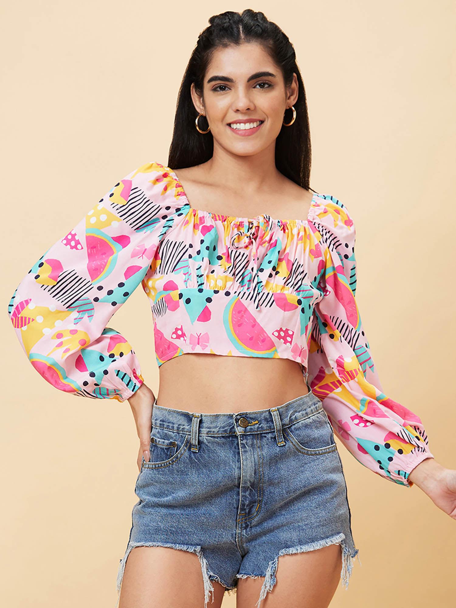 women multi printed square neck casual crop top