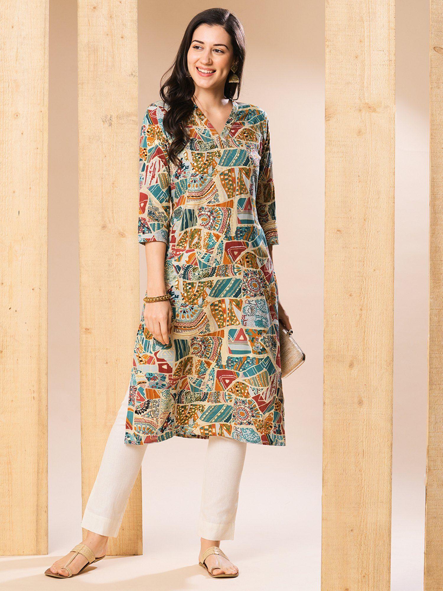 women multi printed swarovski studded straight kurta