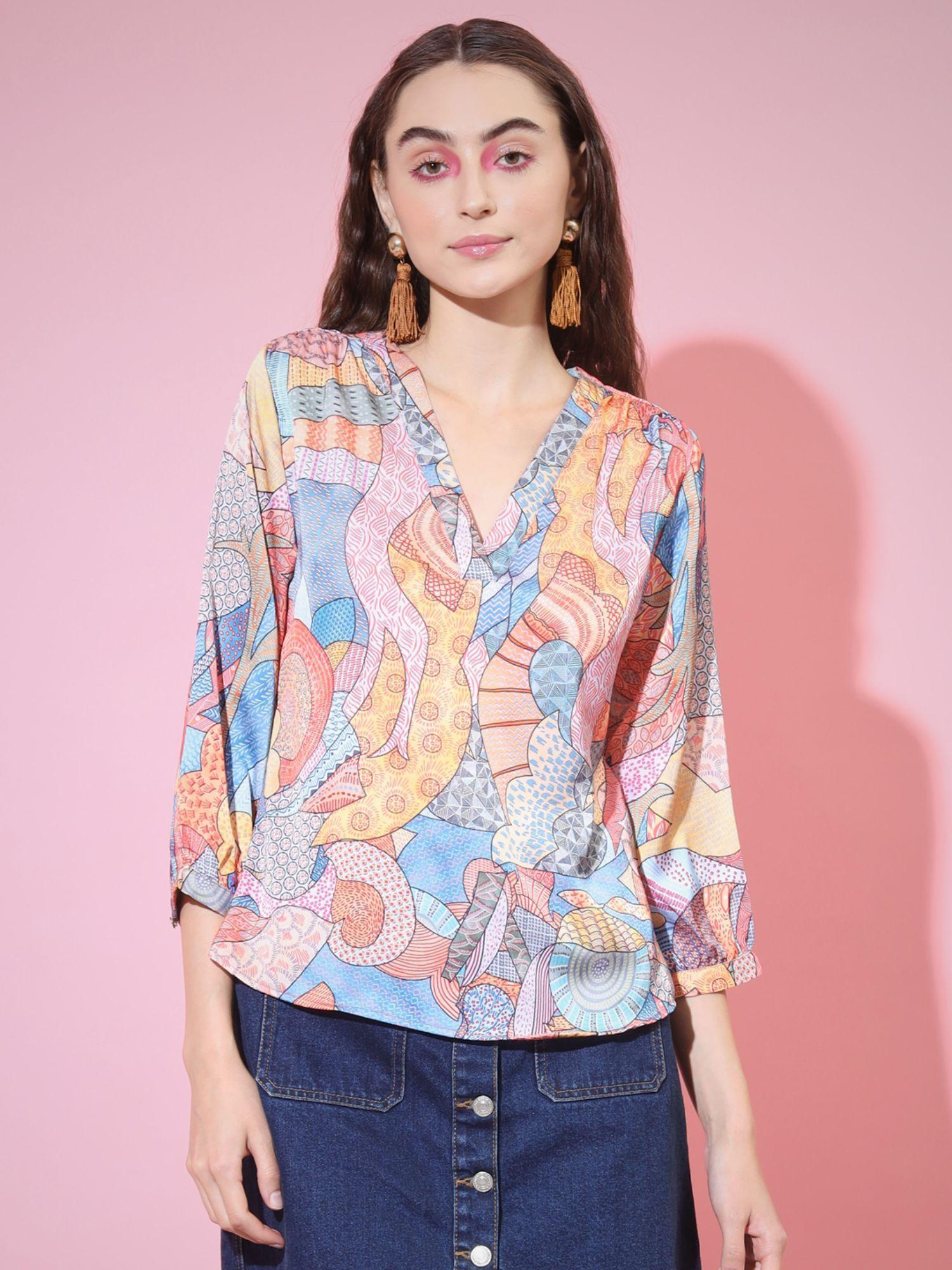 women multi printed v-neck top