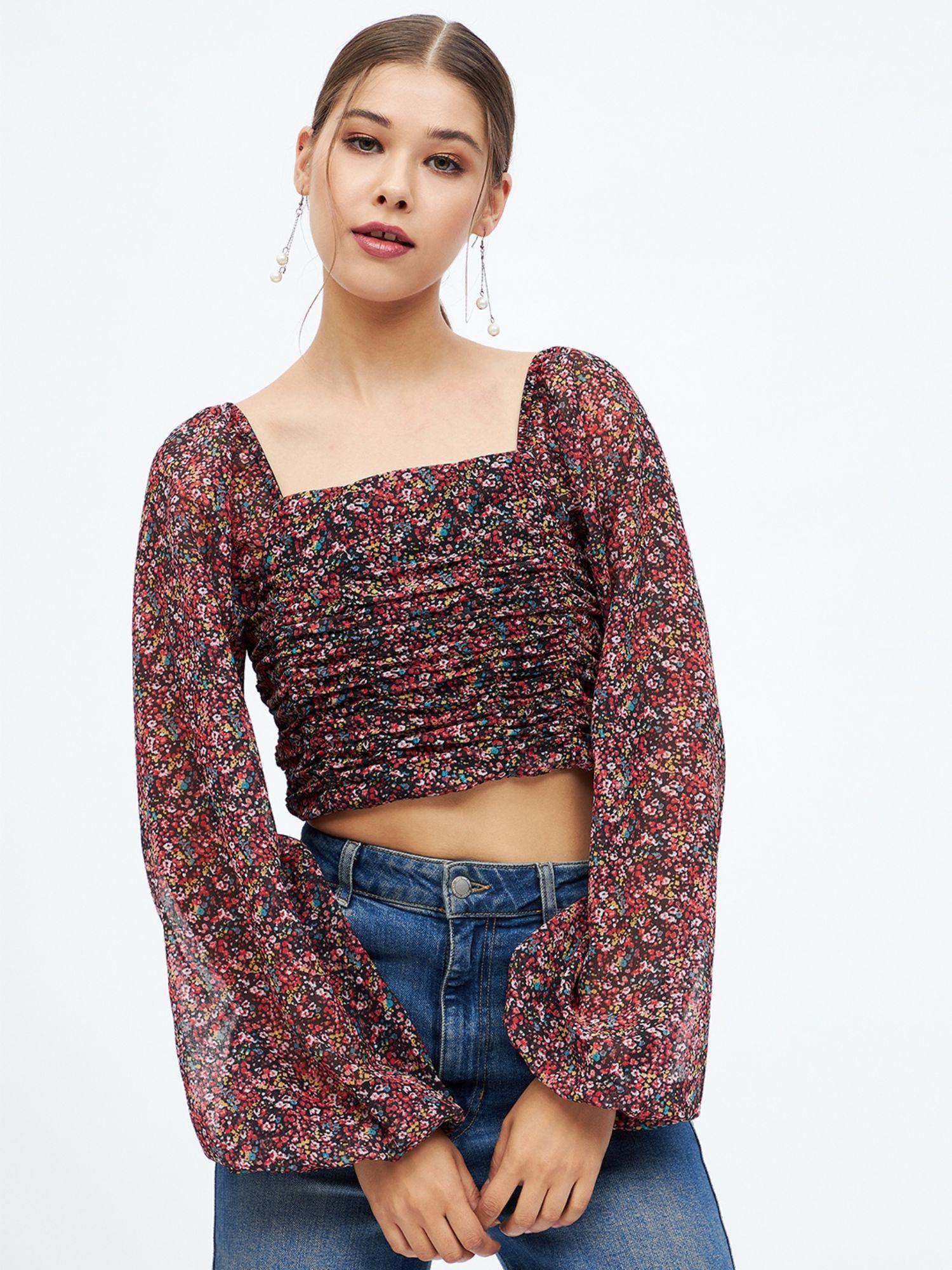 women multi regular fit floral printed square neck balloon sleeves crop top