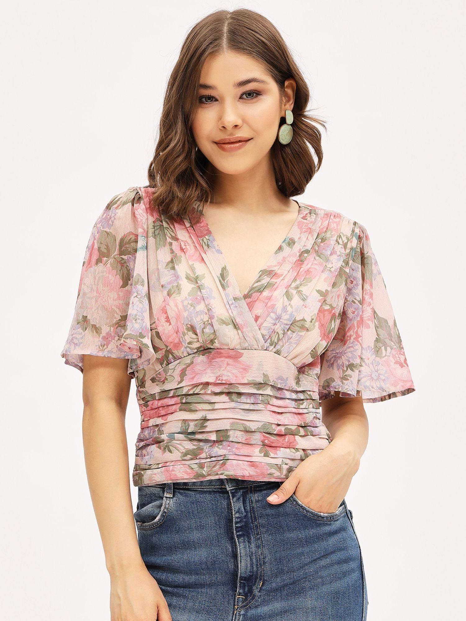 women multi regular fit floral printed v-neck half sleeves top