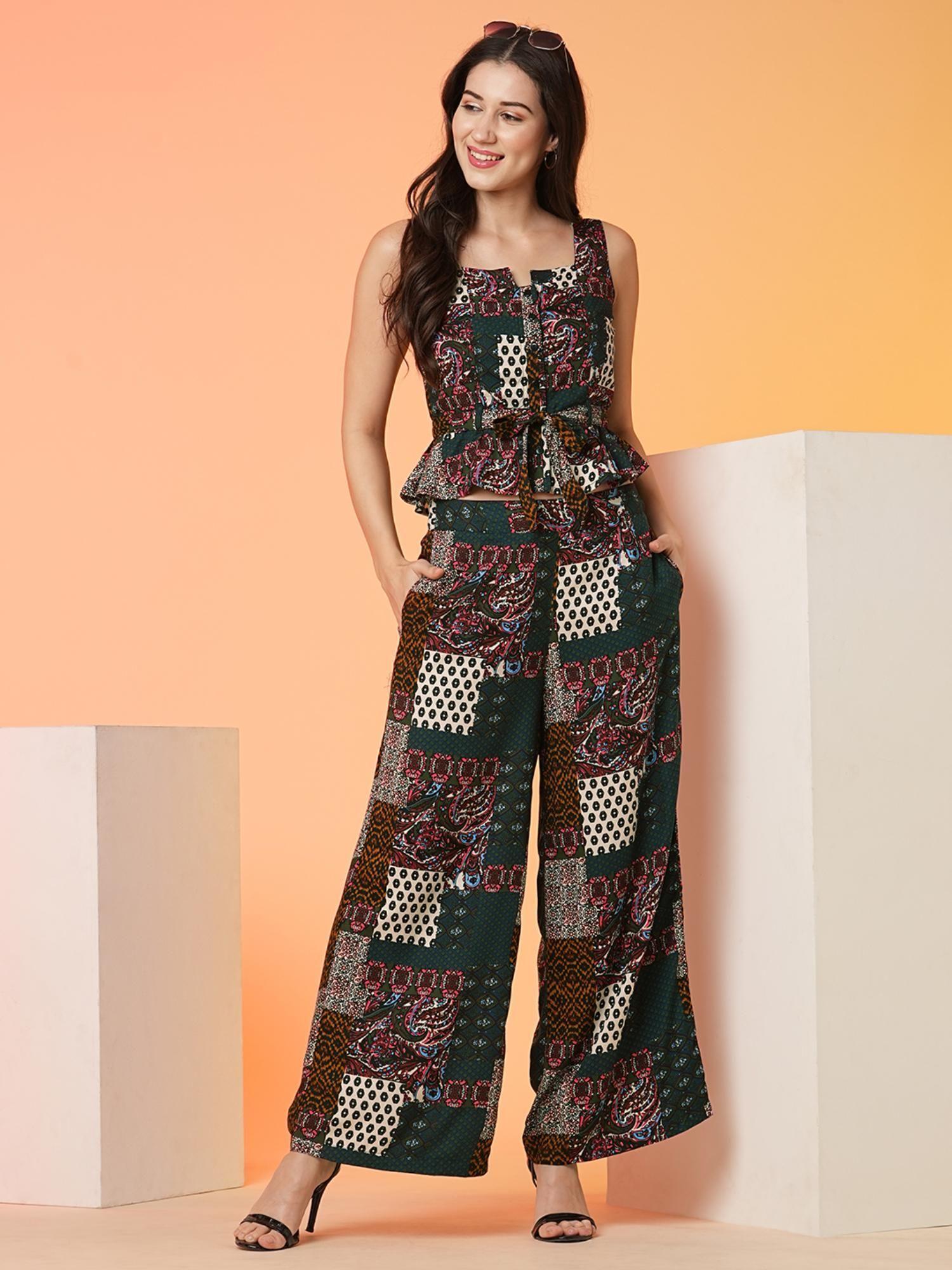 women multi square neck allover ethnic print tie-up peplum crop top & palazzos co-ord set