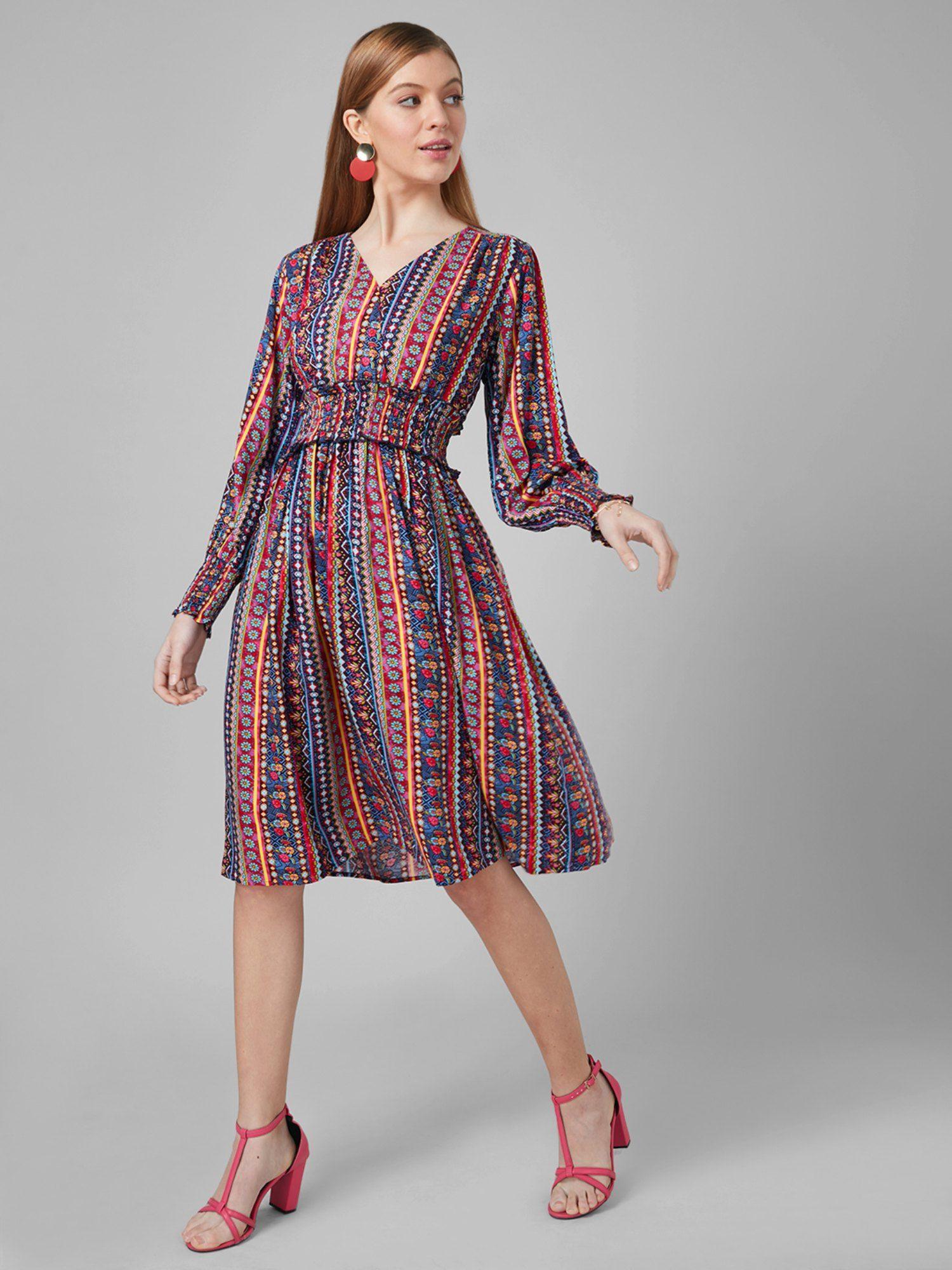 women multi tribal printed rayon fit and flare smart casual dress