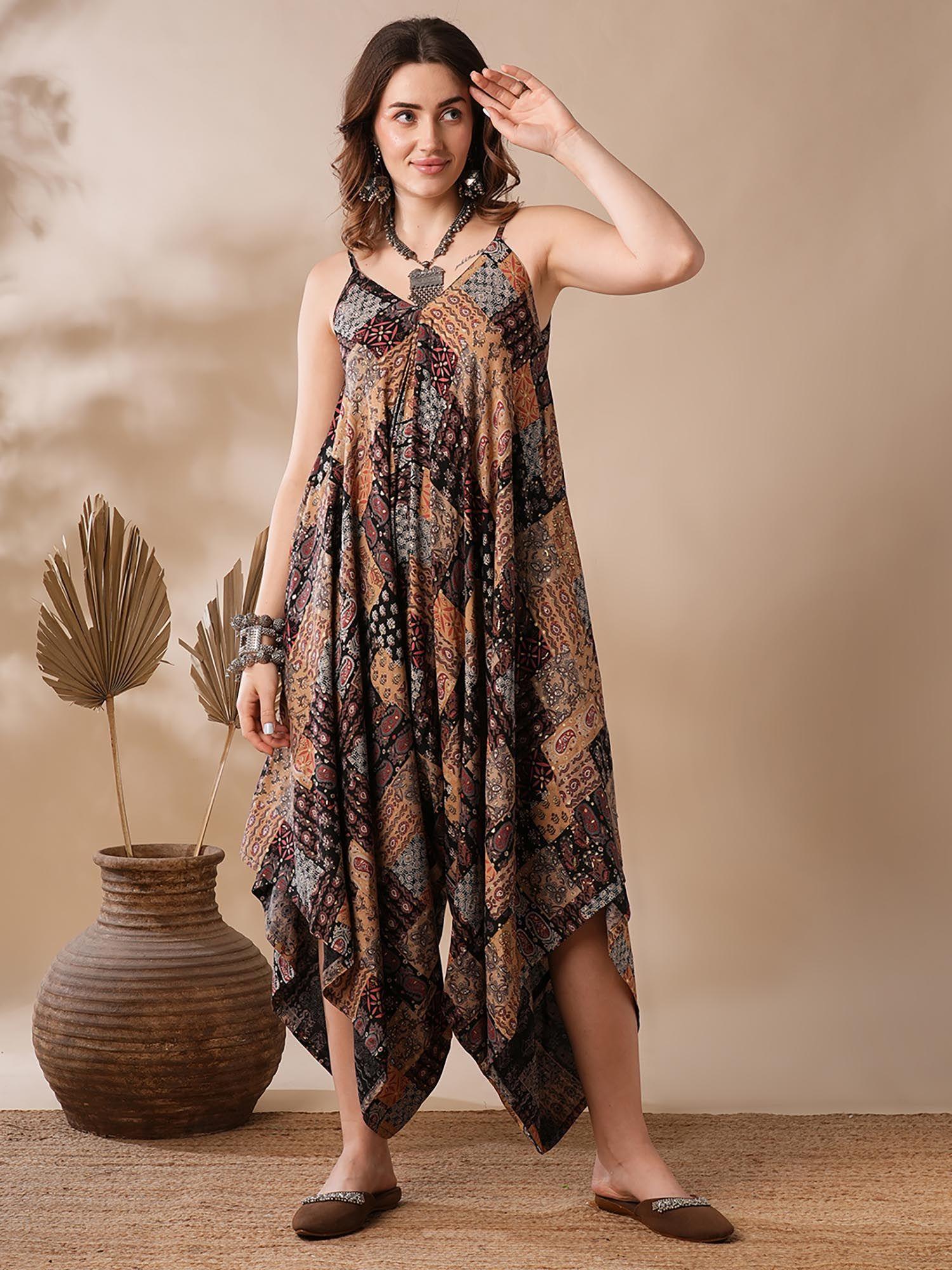 women multi v-neck gold foil ethnic print harem style fusion jumpsuit