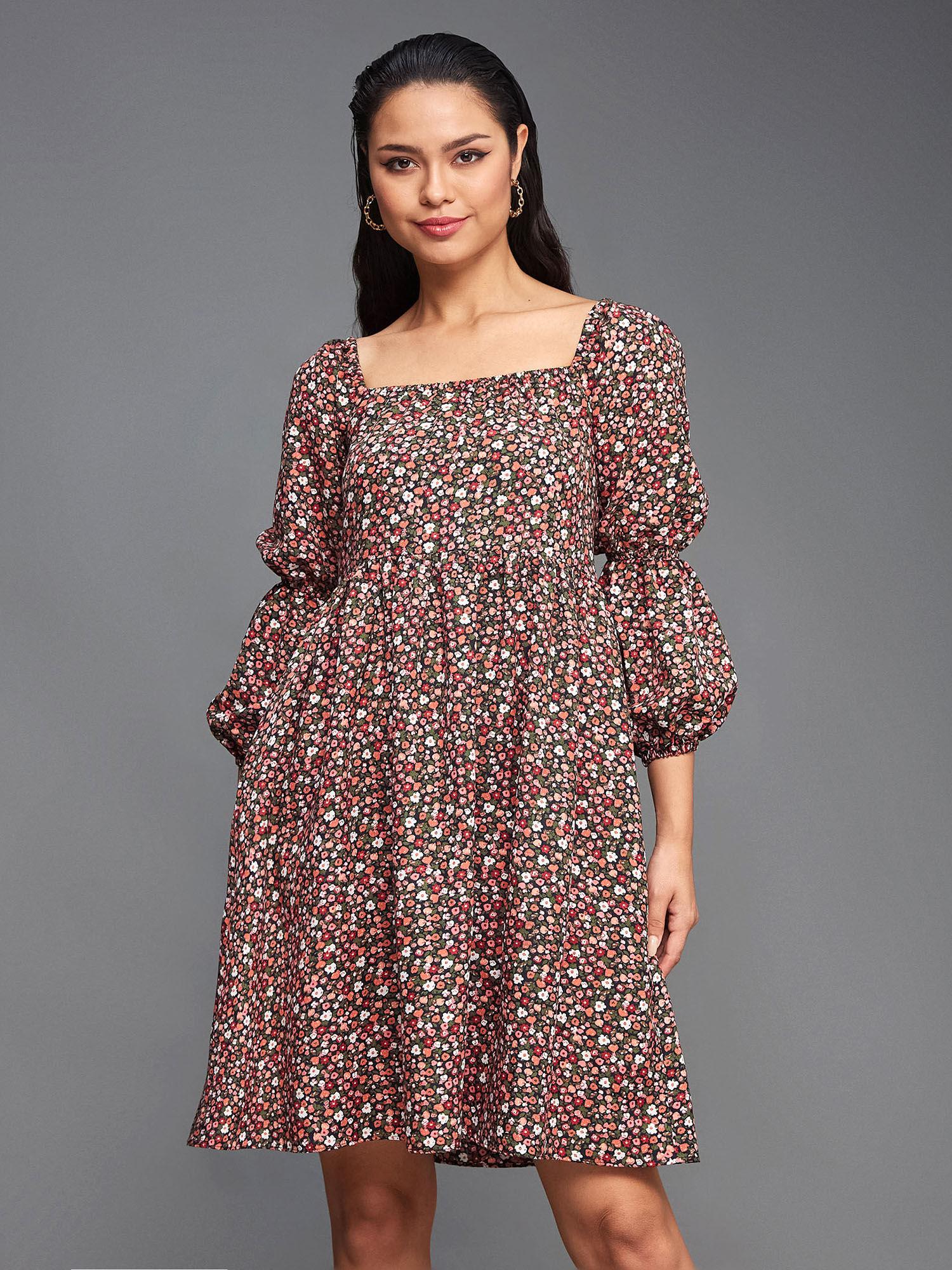 women multicolored bishop sleeve gathered knee long viscose-rayon dress