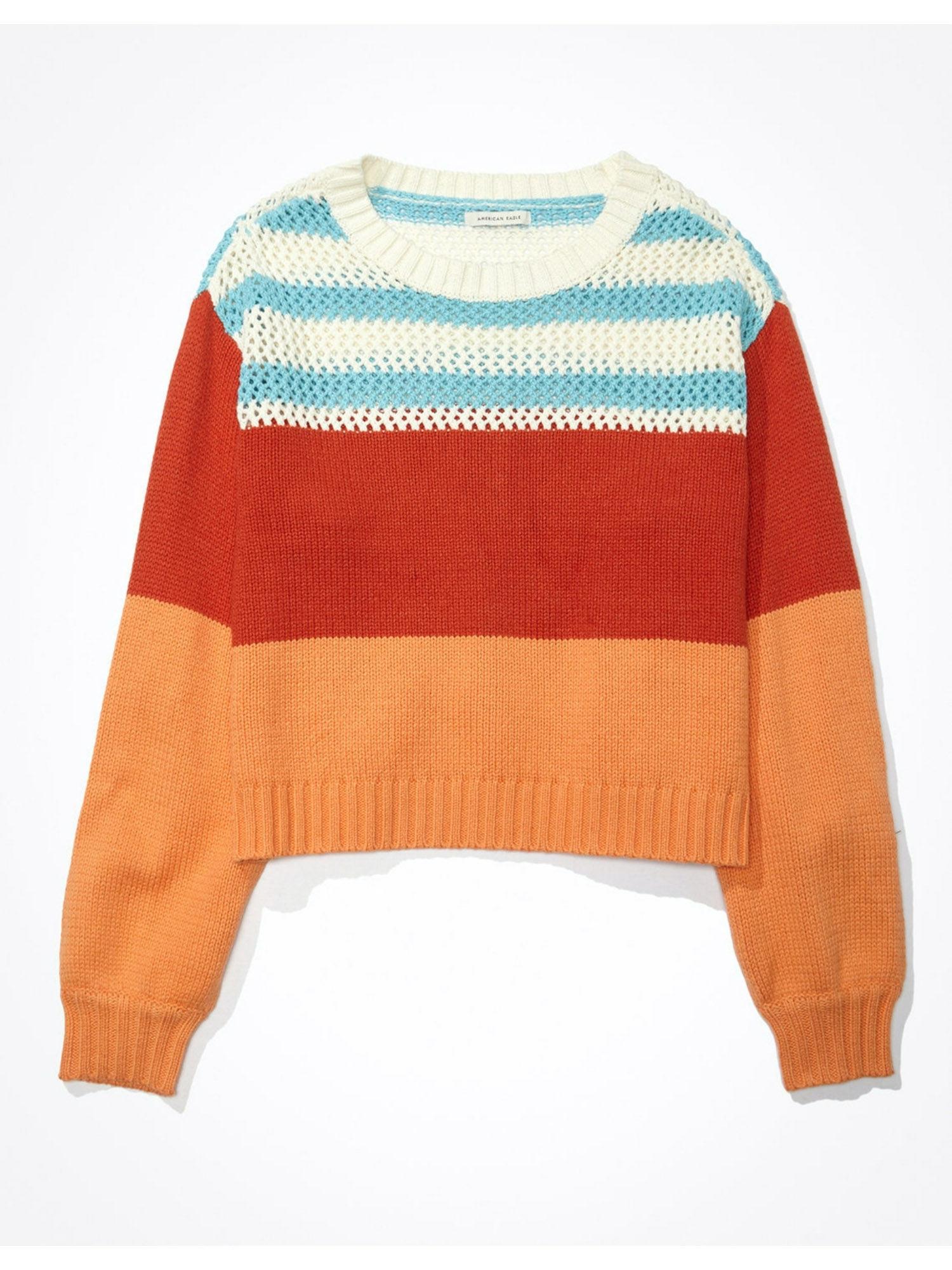 women multicolored striped open weave sweater