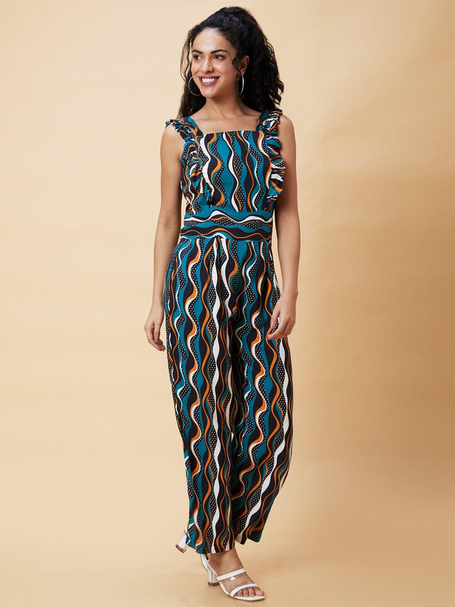 women multicolour abstract print sleeveless casual jumpsuit