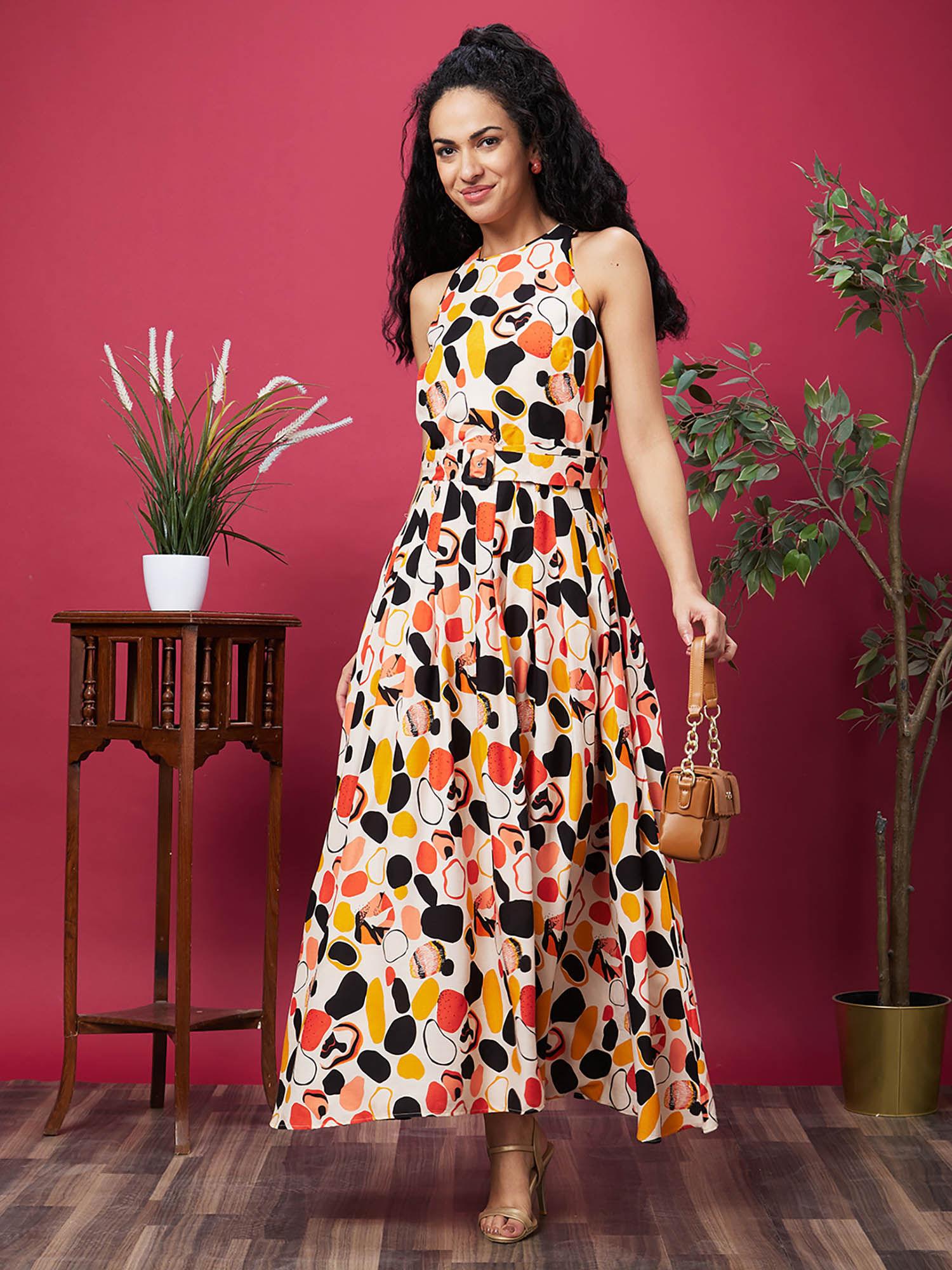 women multicolour abstract printed halter neck belted a-line maxi dress