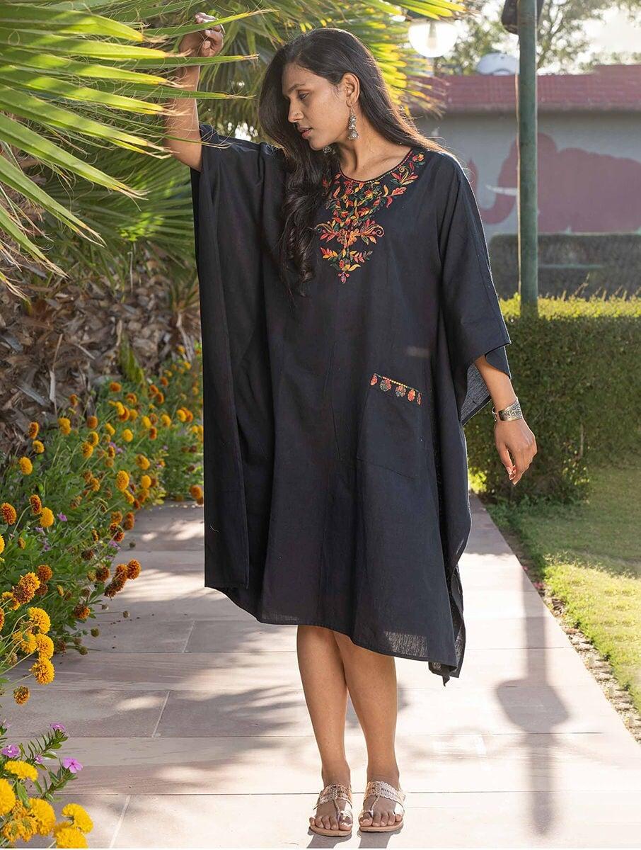 women multicolour cotton embroidered round neck kaftan