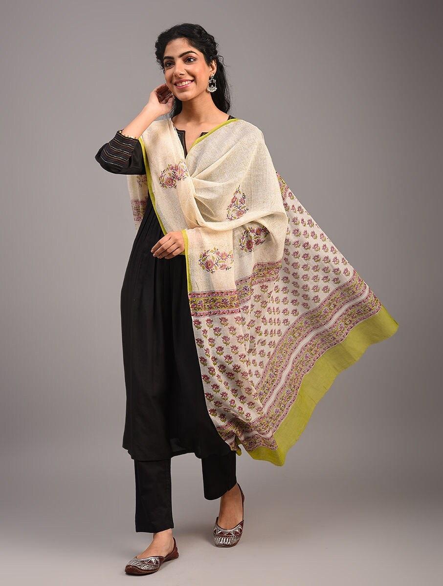 women multicolour cotton silk block print dupatta