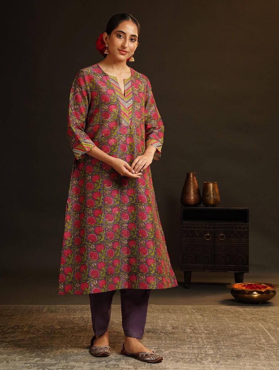 women multicolour cotton silk printed round neck loose fit kurta