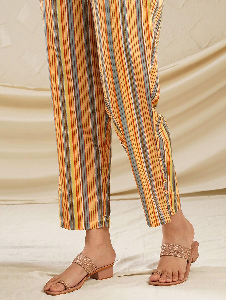 women multicolour cotton striped ankle length straight fit pants
