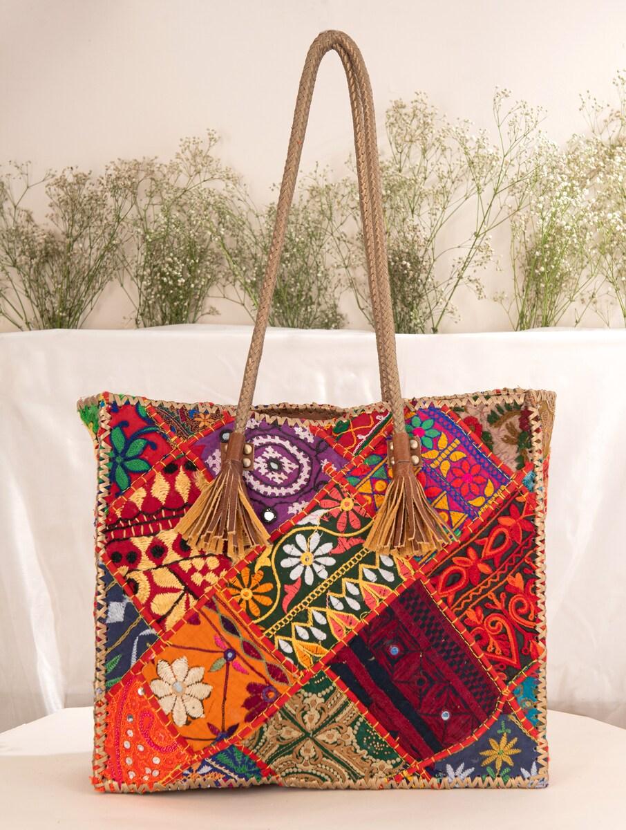 women multicolour genuine leather, rabari cotton tote bag