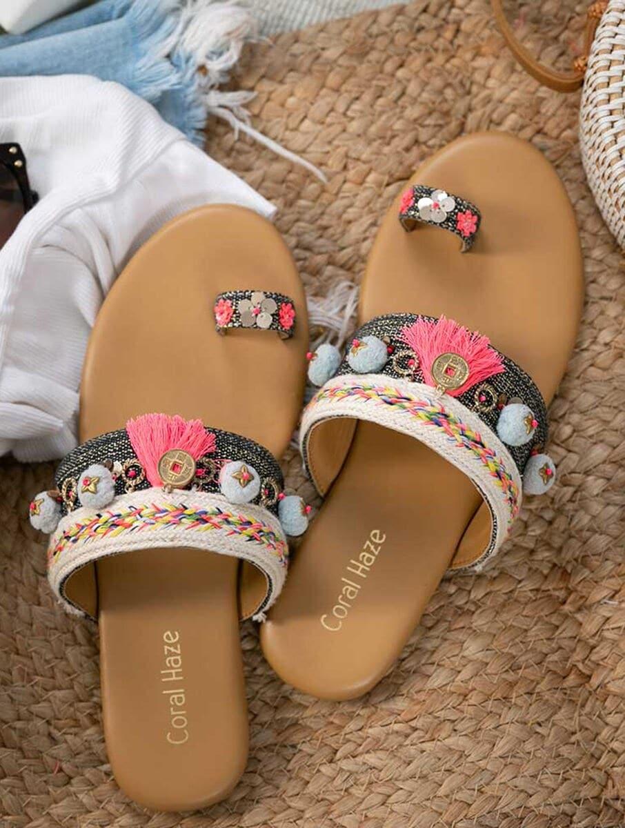 women multicolour leather embellished open back one toe flats kolhapuris