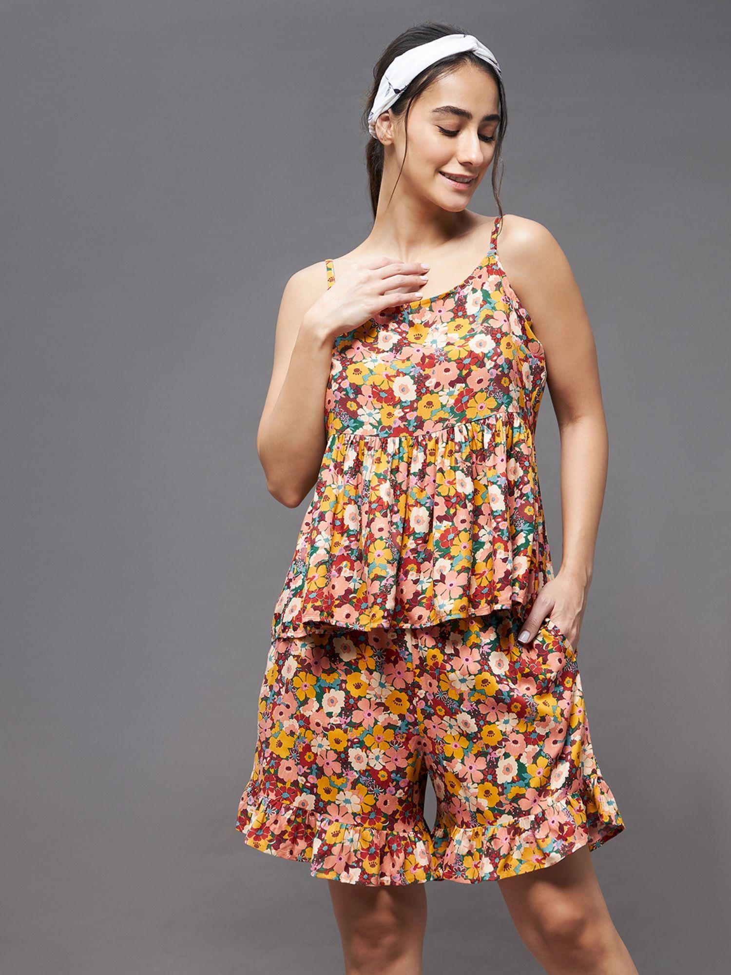 women multicolour round neck sleeveless floral ruffled hem short top & shorts sets