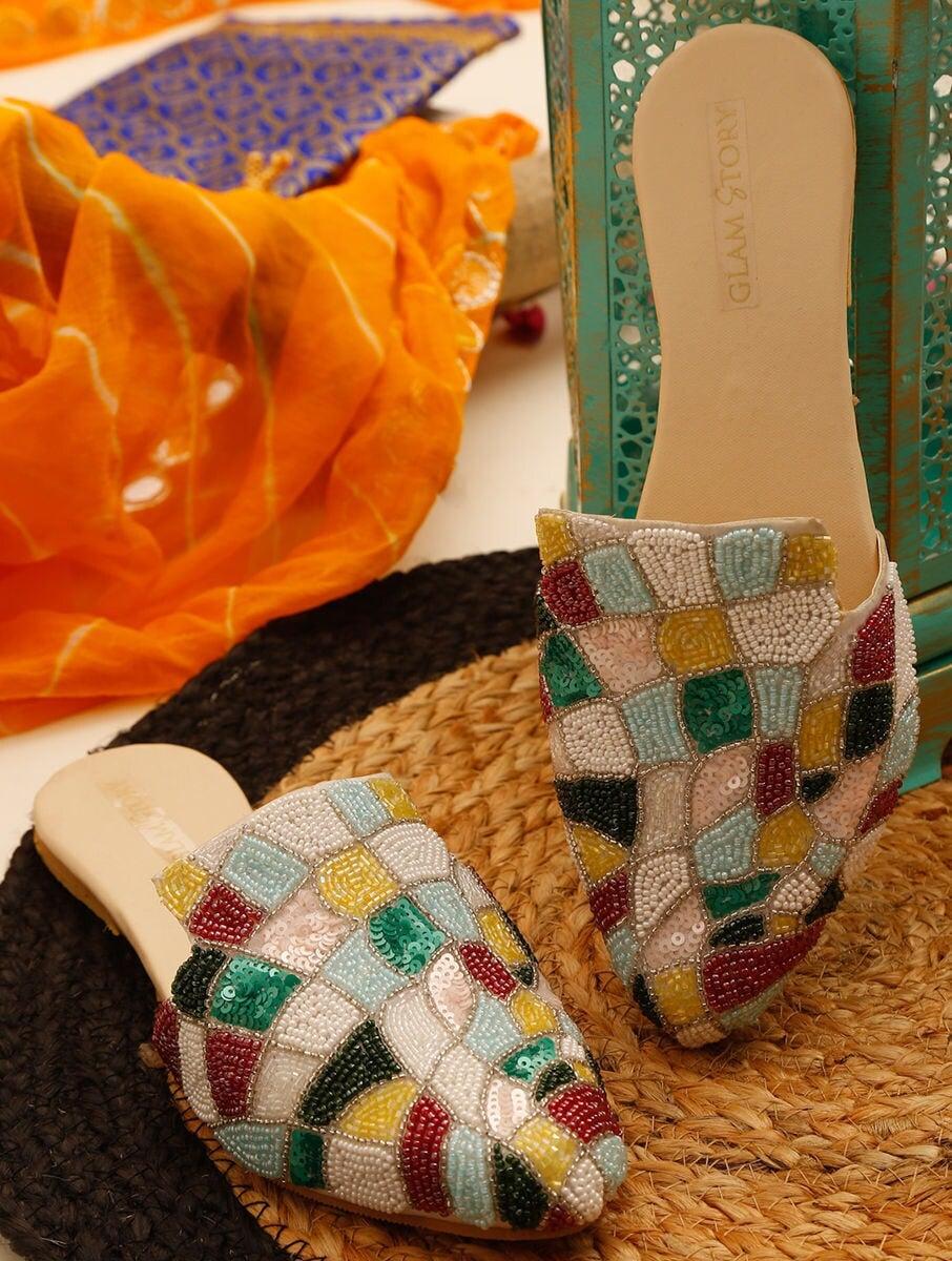 women multicolour rubber embroidered open back sandals