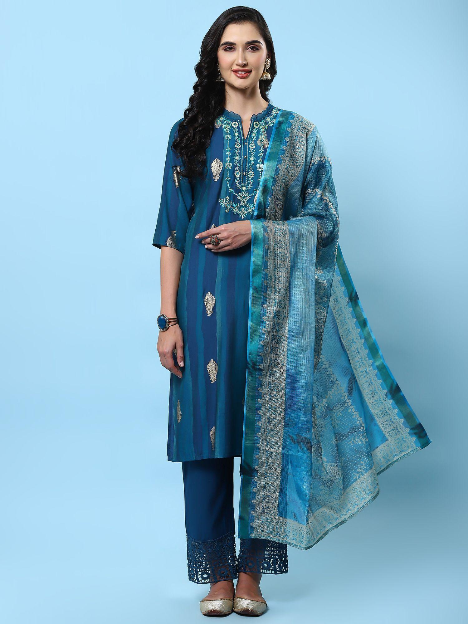 women muslin blue embroidered kurta with comfort pant and dupatta (set of 3)