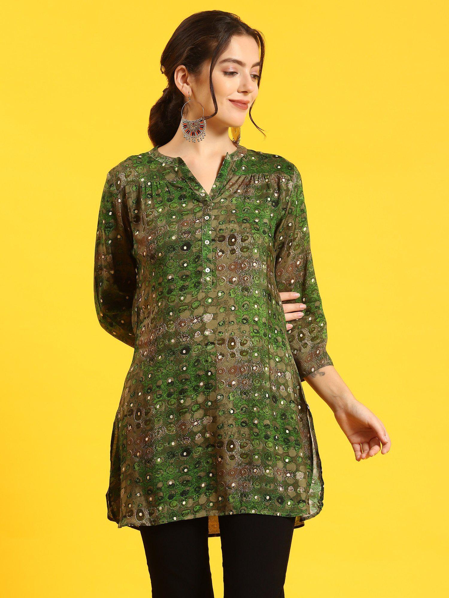 women muslin green ornamental print tunic