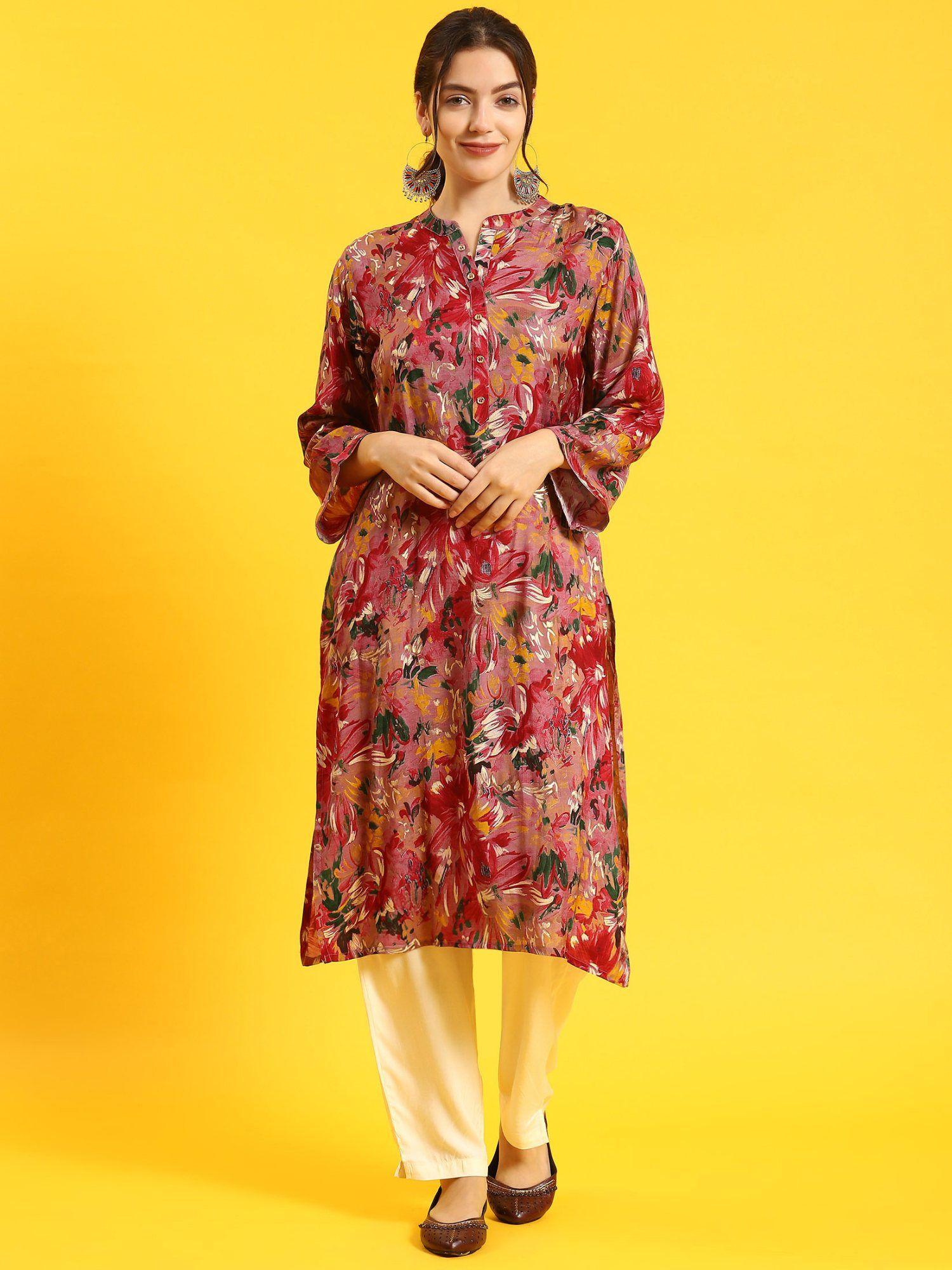 women muslin maroon floral print kurta