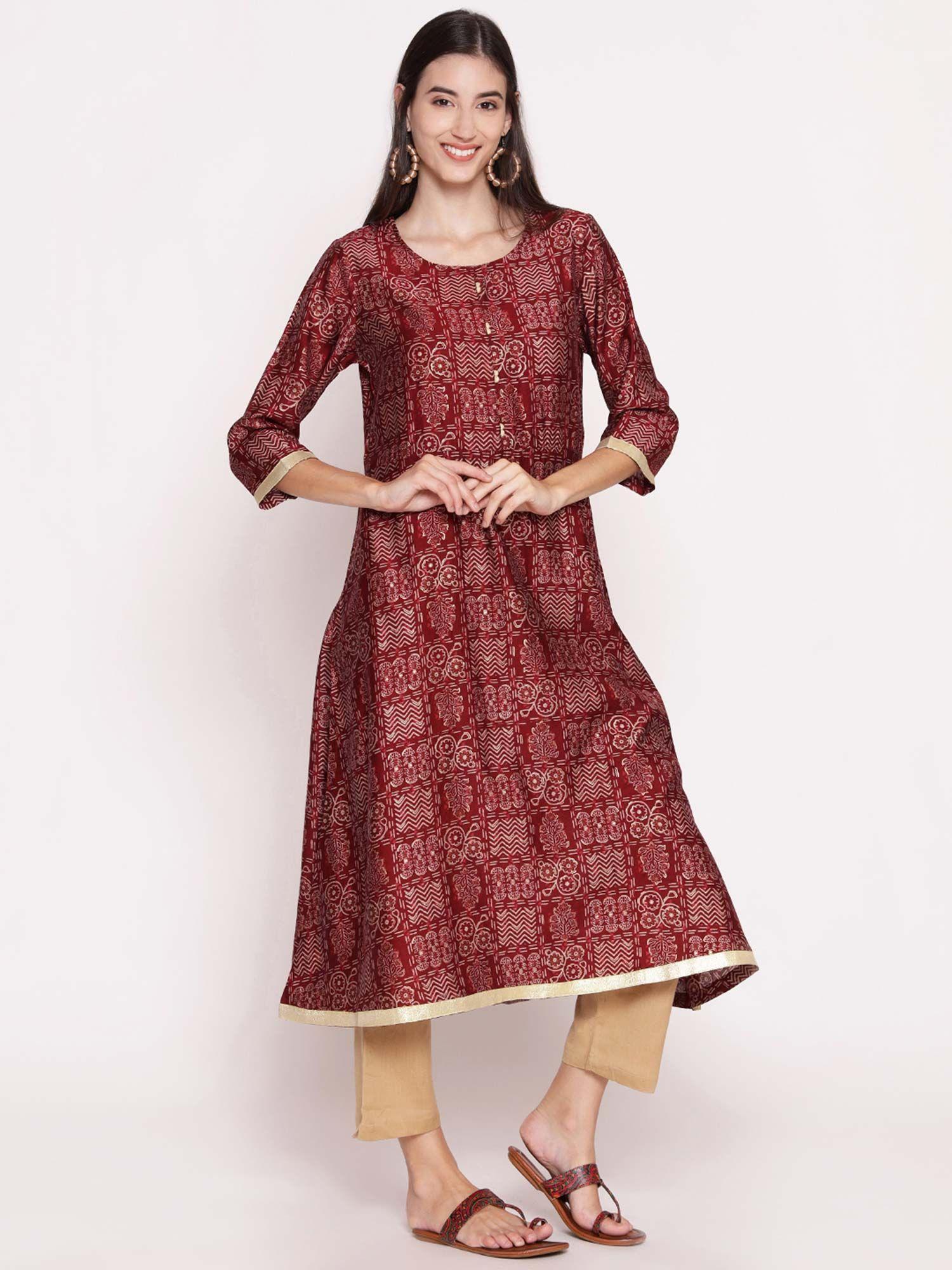 women muslin maroon printed kurta