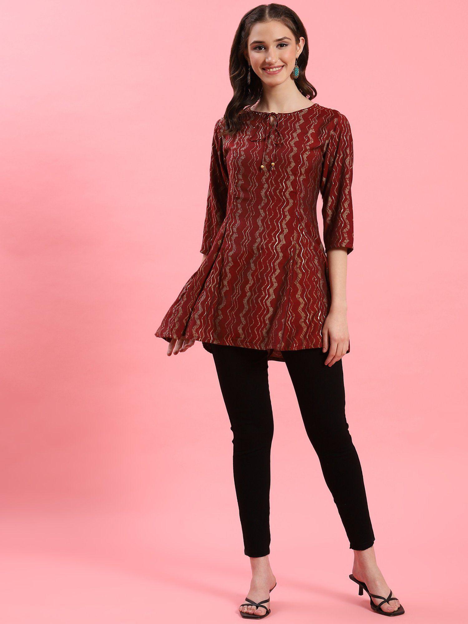 women muslin maroon stripe printed tunic