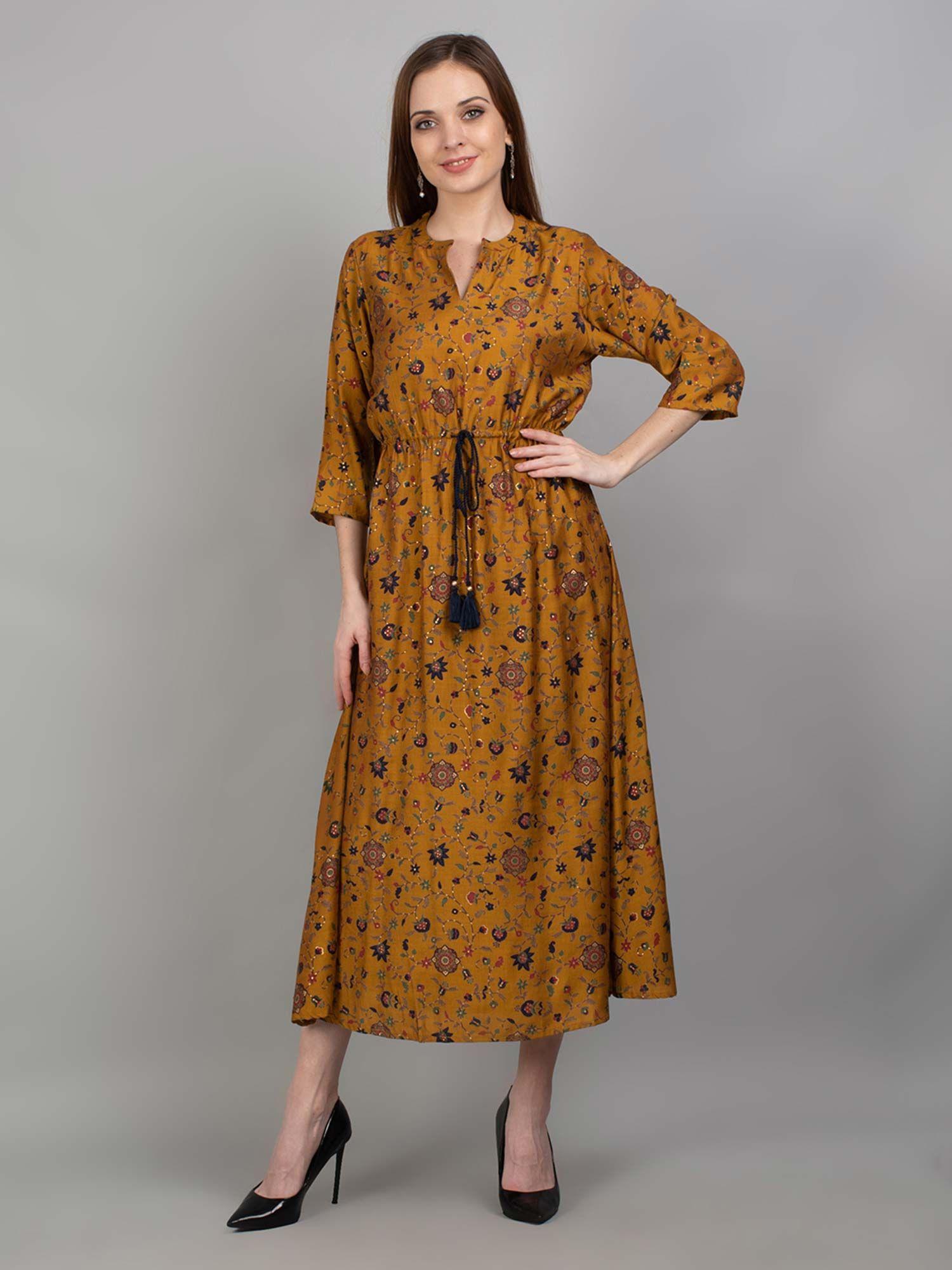 women muslin mustard floral printed dress