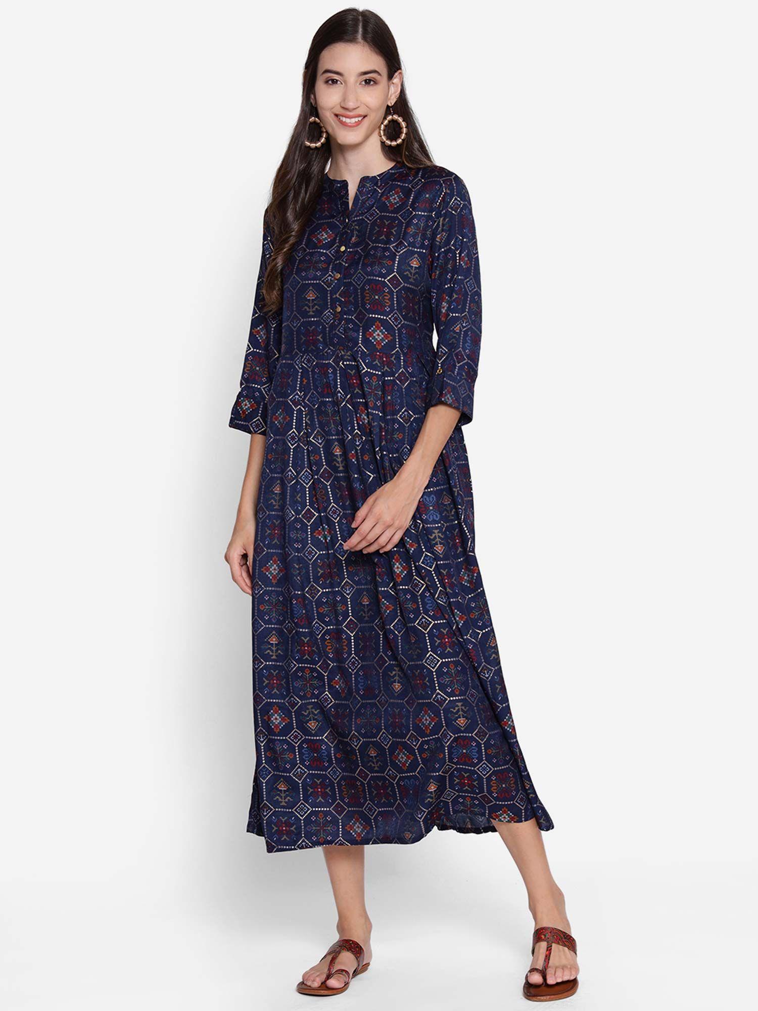 women muslin navy blue printed dress