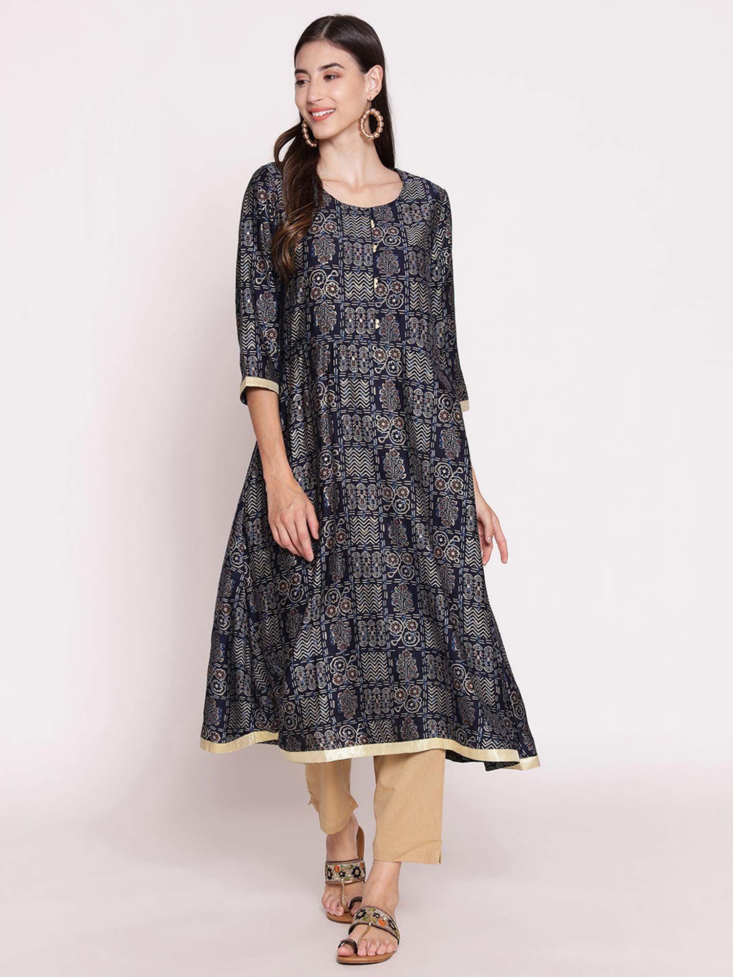 women muslin navy blue printed kurta