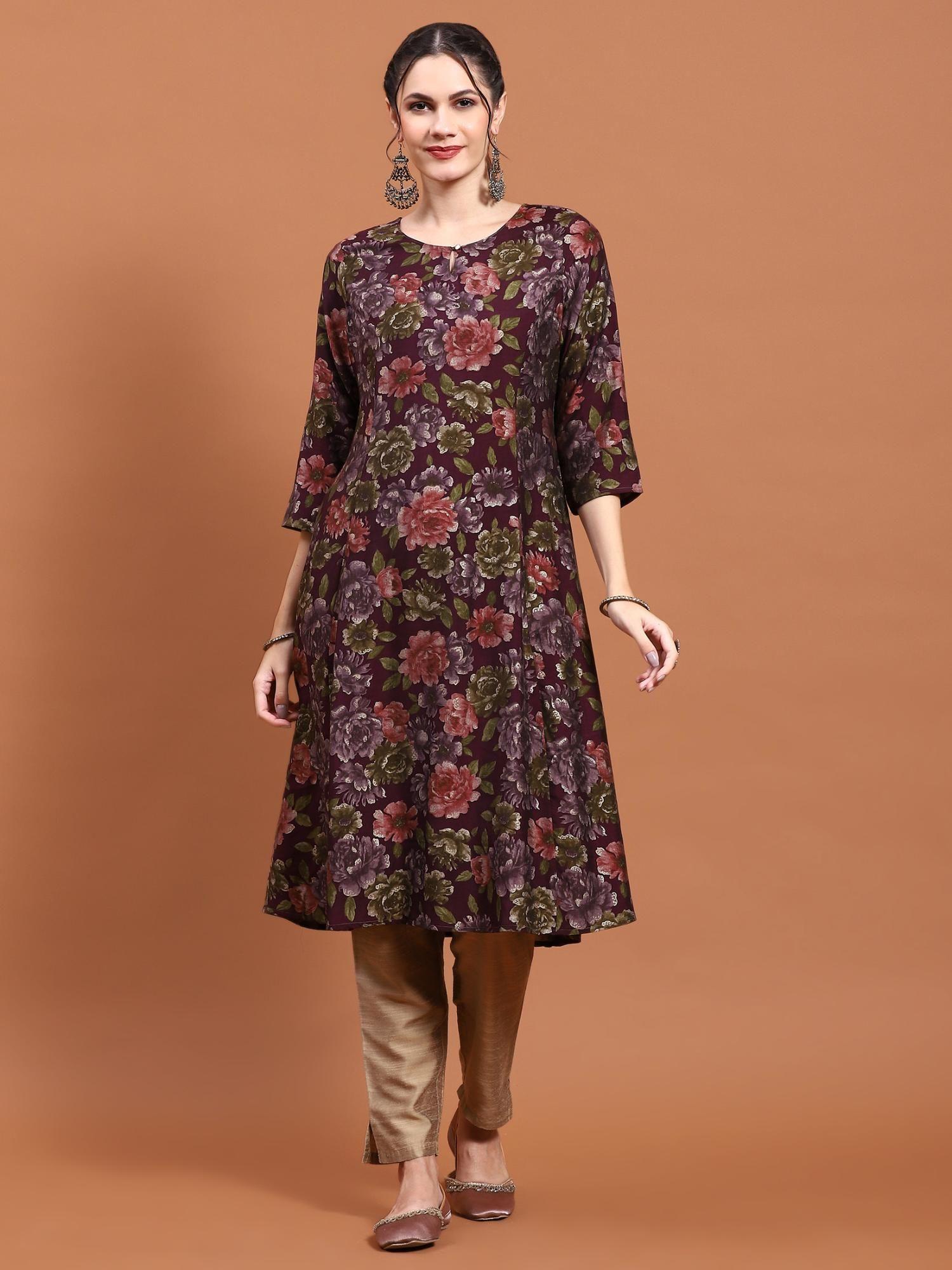 women muslin purple floral print kurta