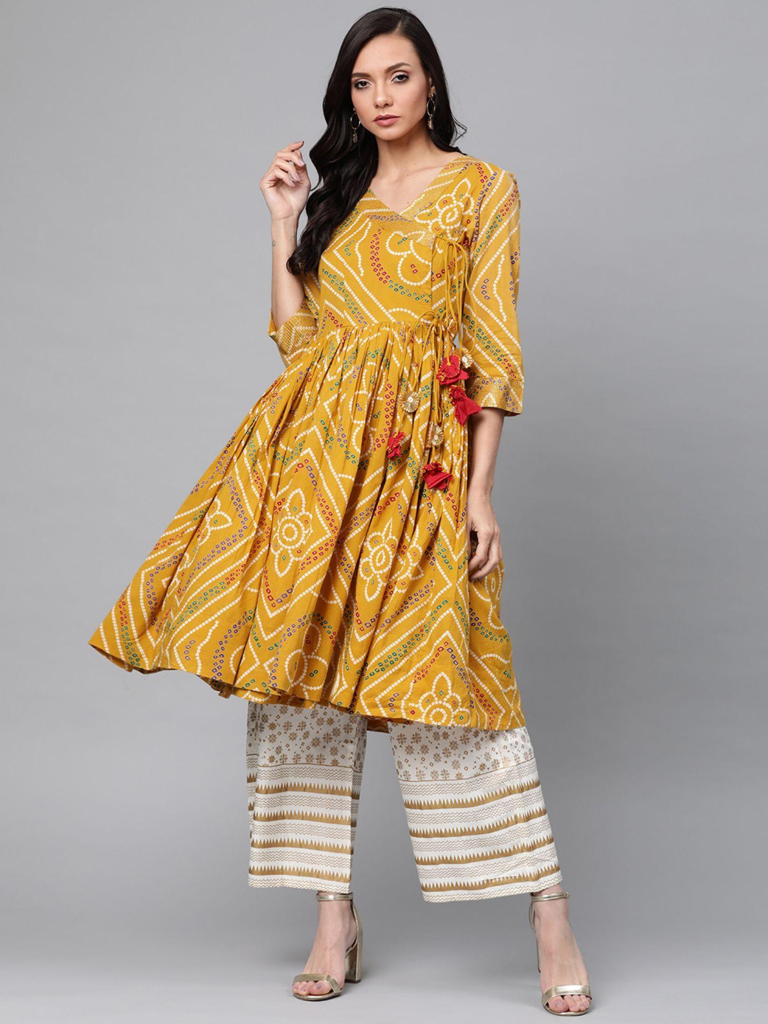 women mustard & off-white bandhani print kurta with palazzos (set of 2)