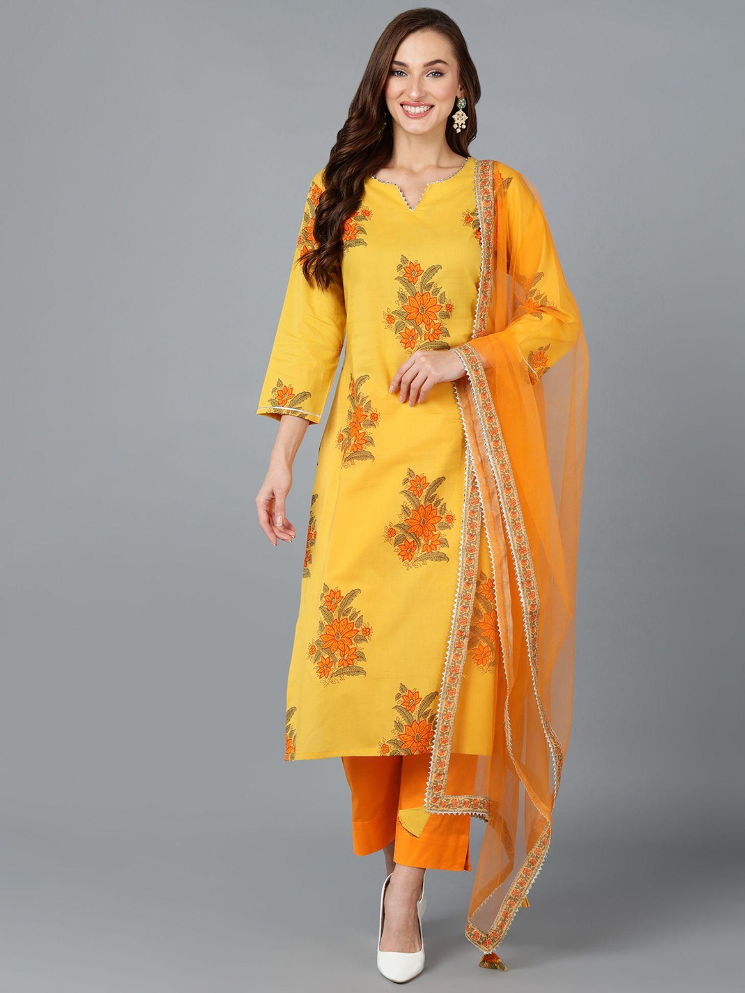 women mustard & orange cotton blend floral straight suit (set of 3)