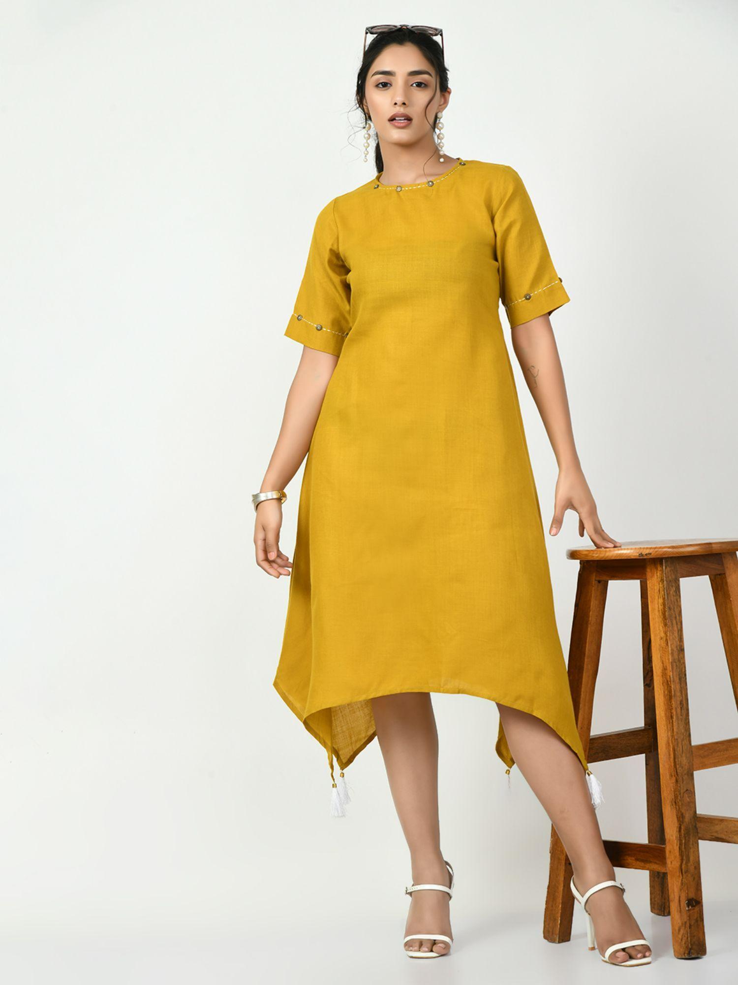 women mustard a-line solid kurta