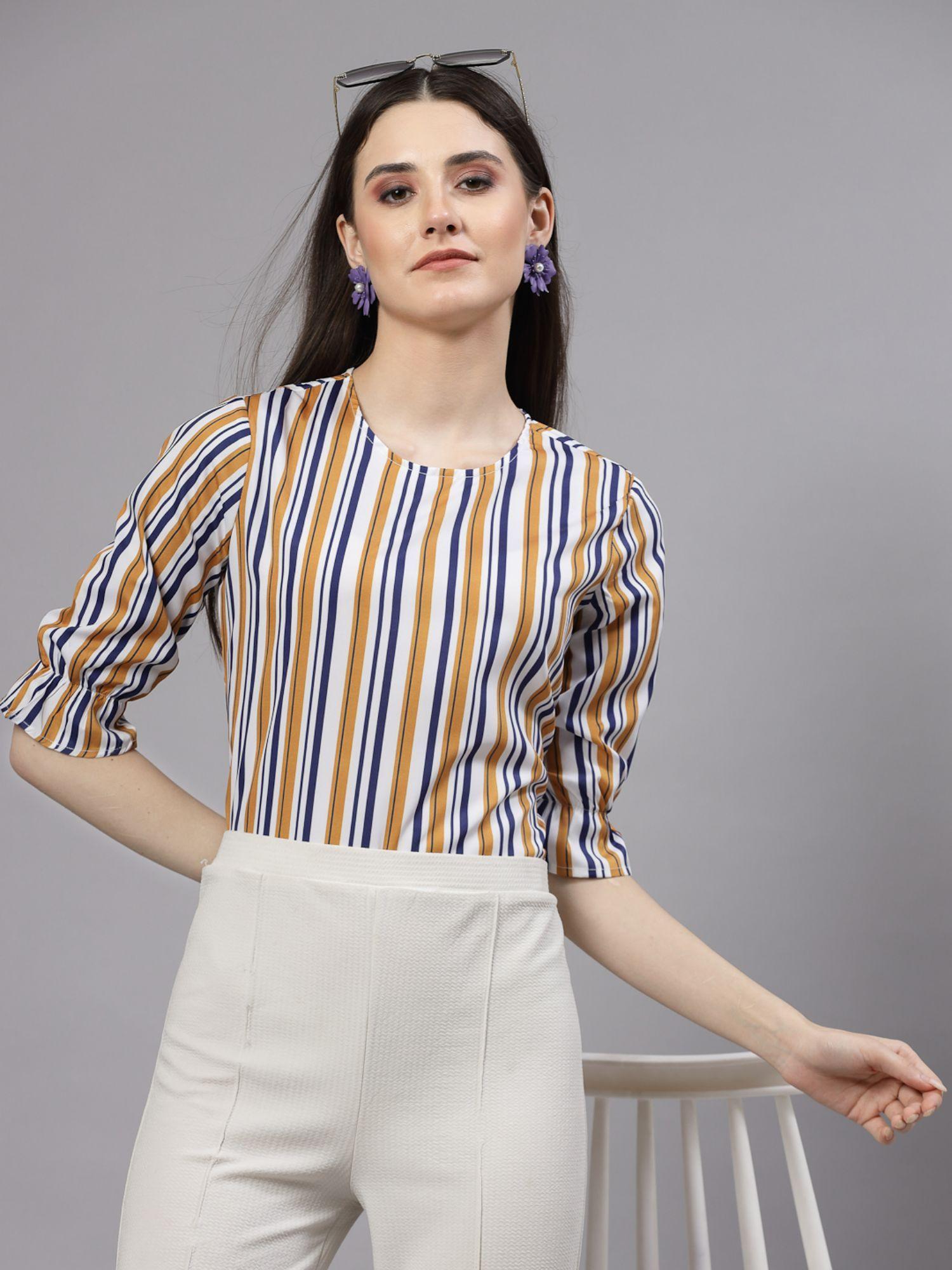 women mustard and navy striped regular casual top