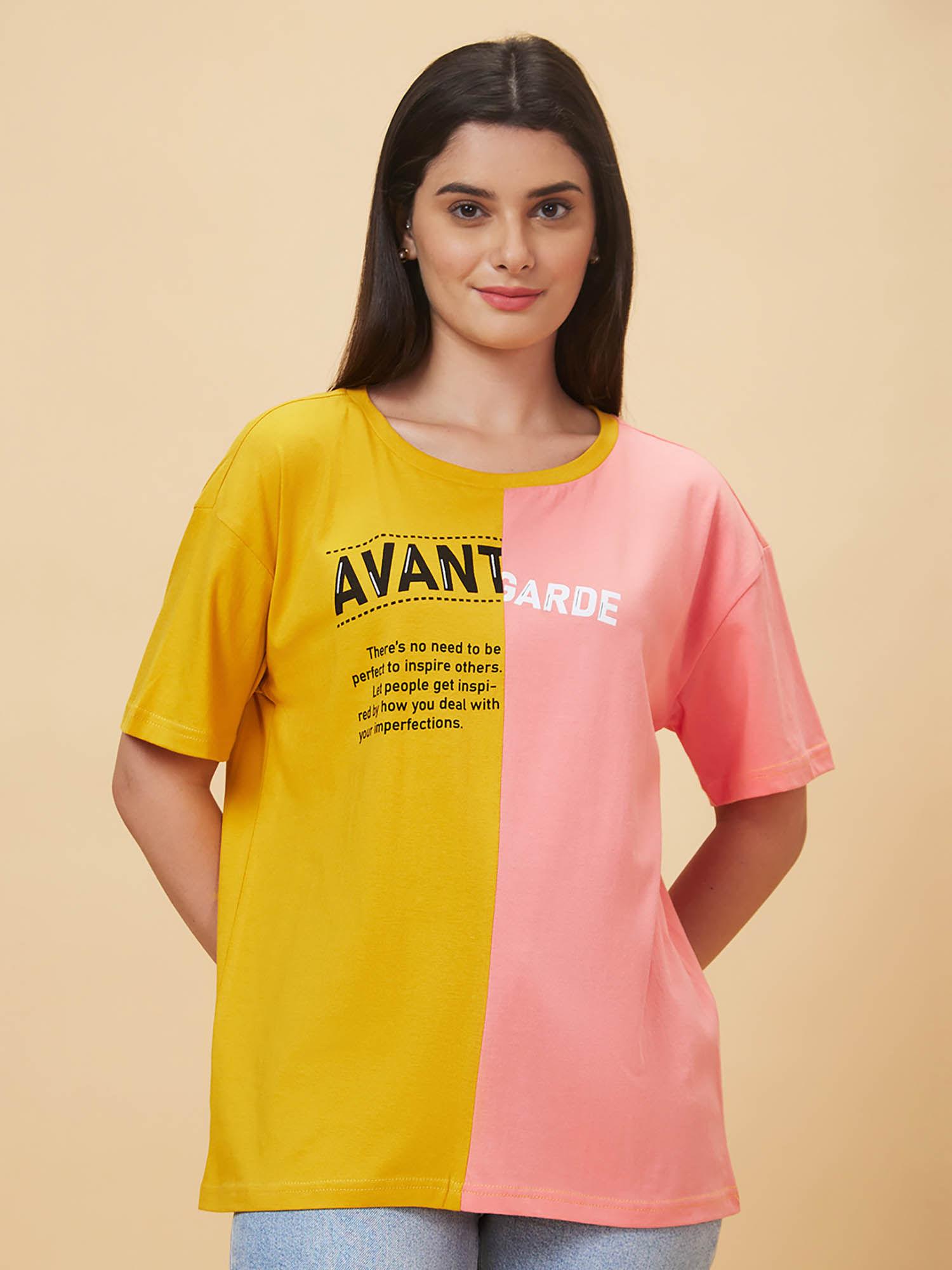 women mustard and pink colourblocked round neck casual boxy fit t-shirt