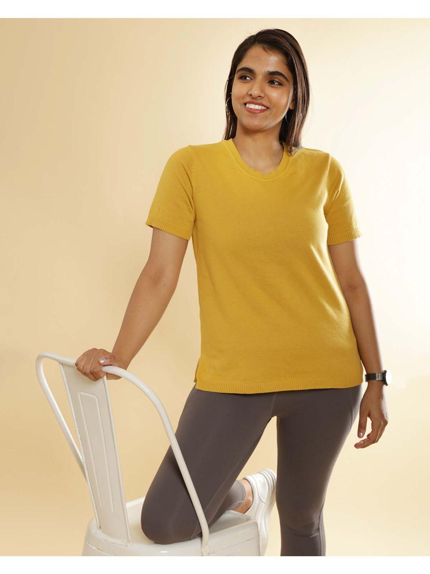 women mustard at ease cotton knit top with side slit