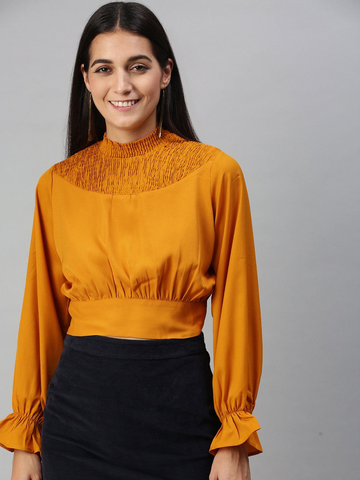 women mustard back knotted smocked crop top