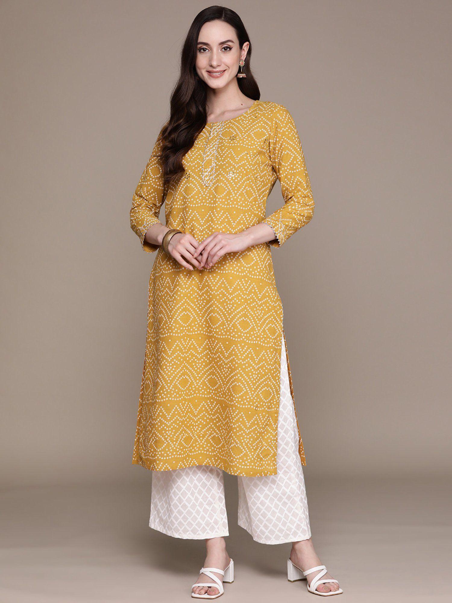 women mustard bandhani print kurta with palazzo (set of 2)