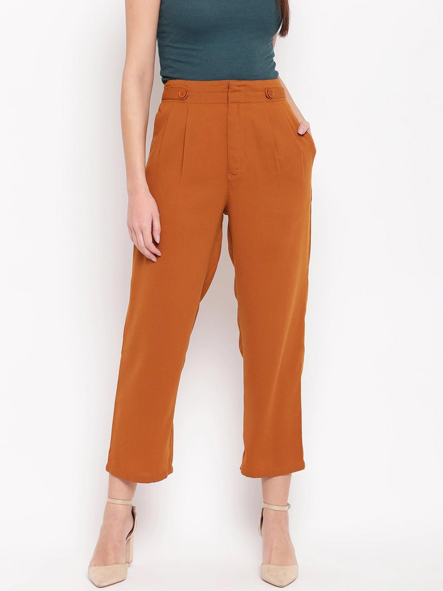 women mustard brown regular fit solid cropped trousers