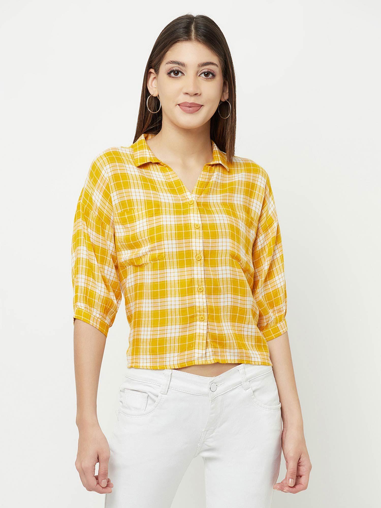 women mustard checked multi pocket cropped shirt
