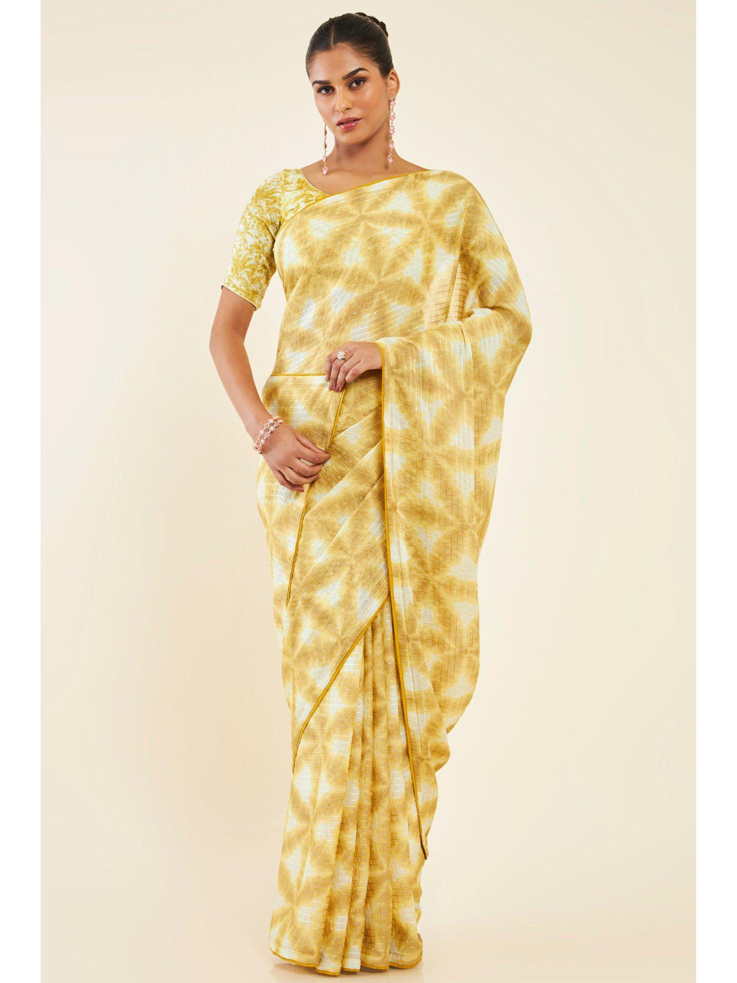 women mustard chiffon embellished saree with unstitched blouse