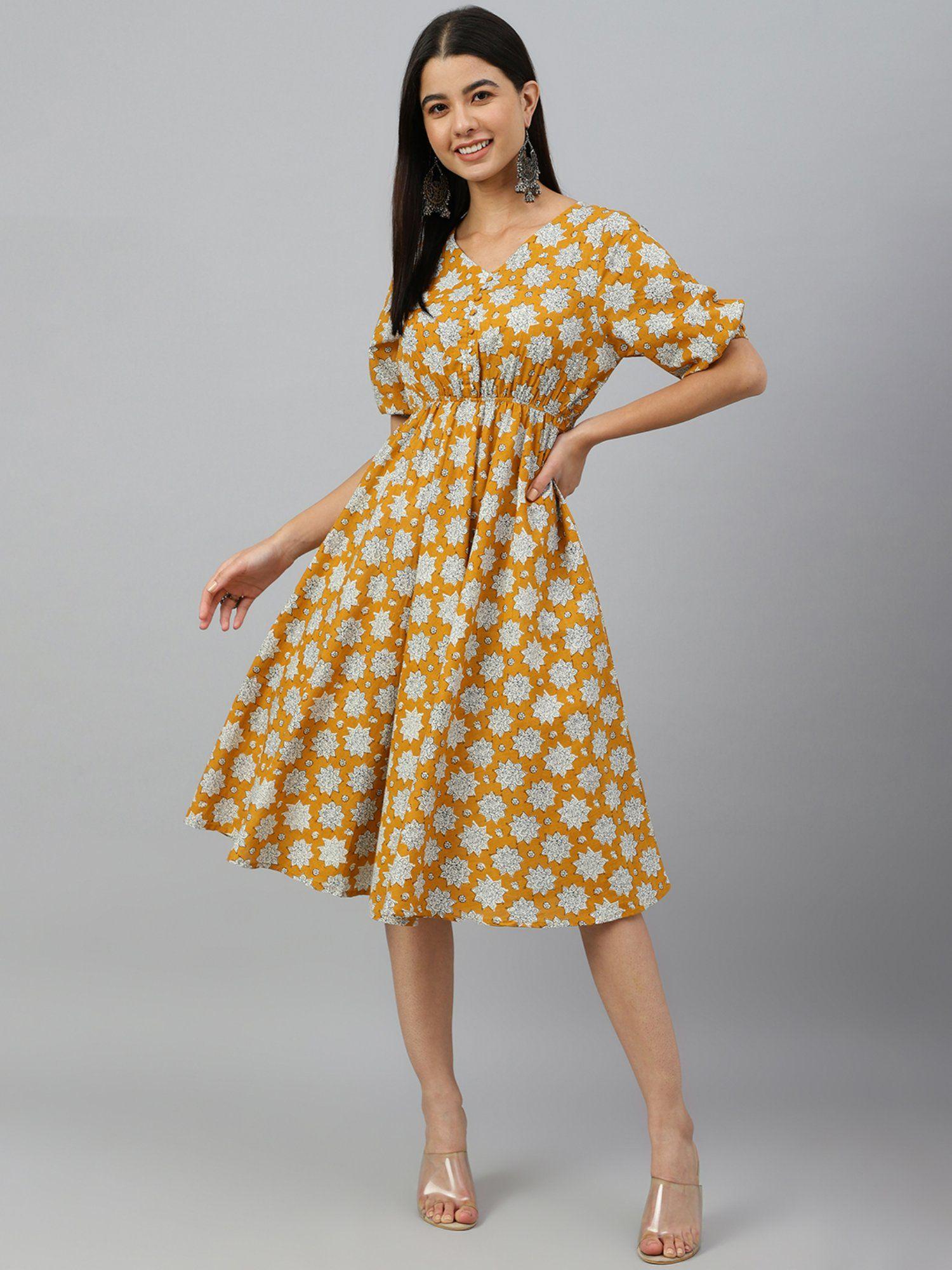 women mustard cotton block print flared midi dress