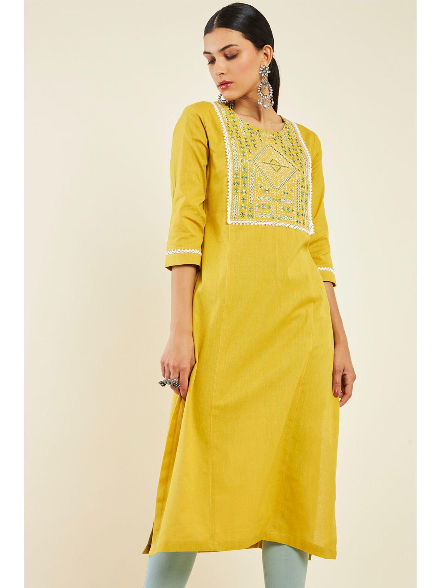 women mustard cotton embroidered kurta